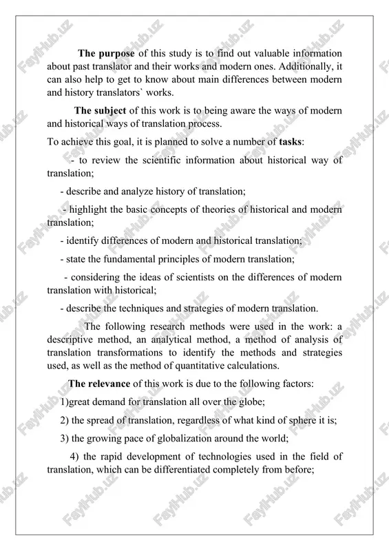 he relevance of this work is due to the following factors: 1)great demand for translation all over the globe; 2) the spread of translation, regardless of what kind of sphere it is; 3) the growing pace of globalization around the world; 4) the rapid development of technologies used in the field of translation, which can be differentiated completely from before; the theoretical significance of the presented study is described by its contribution to translation studies, namely, to know clearly abot the ways of translation before and now. the practical value of this scientific research lies in the fact that it can serve to create theoretical and practical courses of translation, as well as can provide with the opportunity to being aware from the similarities of translation process with modern and old the work is structured as follows: introduction, two chapters, conclusion and bibliography. each chapter consists of sections arranged in …