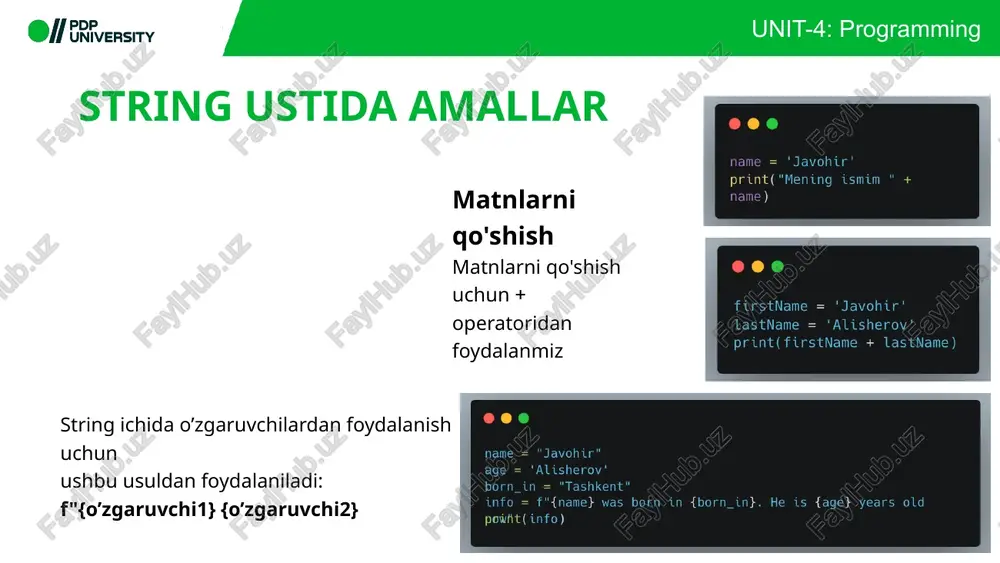 iradi. bunda matn butun son ko'rinishida bo'lishi kerak. float() — matn yoki int ko'rinishidagi qiymatlarni o'nlik songa o'zgartiradi. unit-4: programming unit-4: programming 16 muhim! casting qilganimizda o’zgaruvchining asl ma’lumot turi o’zgarmaydi, balki casting funksiyalarini ishlatgan qatorimizda vaqtinchalik o’zgaradi xolos unit-4: programming unit-4: programming 17 castingni ishlatishga misol bizga ma’lumki input() funksiyasi orqali foydalanuvchi o’zgaruvchilarni kirita olishi mumkin, biz esa bu o’zgaruvchilarni int yoki float ma’lumot turida kiritsak ham kompyuter ularni string ko’rinishida o’qib oladi. bu muammodan qutulish uchun casting ishlatsak bo’ladi unit-4: programming unit-4: programming 18 bool (boolean) ma’lumot turi bool ma'lumot turi python dasturlash tilida mantiqiy qiymatlarni ifodalash uchun ishlatiladi. bool ikki qiymatni oladi: true (rost) yoki false (yolg‘on). ular ko'pincha shartli ifodalarda va mantiqiy operatsiyalarda ishlatiladi. unit-4: programming unit-4: programming 19 bool ma’lumot turiga misol unit-4: programming unit-4: programming 20 vazifalar 1. stringlarni qo‘shish (concatenation): foydalanuvchi ismi va familiyasini alohida kiritadi. ushbu ismlar stringlar sifatida saqlansin va birlashtirilgan …