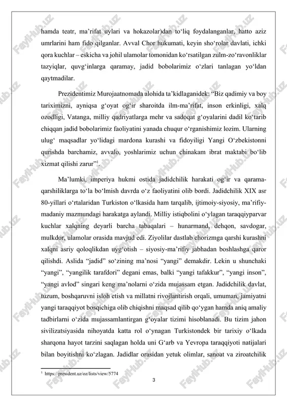 ali, umuman, jamiyatni yangi taraqqiyot bosqichiga olib chiqishni maqsad qilib qo‘ygan hamda aniq amaliy tadbirlarni o‘zida mujassamlantirgan g‘oyalar tizimi hisoblanadi. bu tizim jahon sivilizatsiyasida nihoyatda katta rol o‘ynagan turkistondek bir tarixiy o‘lkada sharqona hayot tarzini saqlagan holda uni g‘arb va yevropa taraqqiyoti natijalari bilan boyitishni ko‘zlagan. jadidlar orasidan yetuk olimlar, sanoat va ziroatchilik sohalarining zamonaviy bilimdon mutaxassislari, madaniy arboblari yetishib chiqib, yurtni obod va vatanni mustaqil ko‘rishni orzu qilishdi, shu yo‘lda fidoyilarcha kurashishdi. jadidlarning turkiston mustaqilligi uchun kurashida asosan quyidagi yo‘nalishlar ustuvor edi: yangi usul maktablari tarmog‘ini kengaytirish, qobiliyatli yoshlarni chet ellarga o‘qishga yuborish, dunyoviy ilmlarni, zamonaviy fan va texnika sirlarini egallab, taraqqiy topgan millatlar darajasiga ko‘tarilish, turli ma’rifiy jamiyatlar va teatr truppalari tuzish, gazeta va jurnallar chop qilish, qoloqlikka qarshi ma’rifat bilan kurashish, ana shu asosida hurriyatga erishish, vatanning buyuk sha’nu shavkatini tiklash jadid ta’limotining o‘zak g‘oyasi hisoblanadi. ayni davrda turli xarakterdagi tadqiqotlar ham maydonga keldi. davrining ilg‘or ziyolilari …