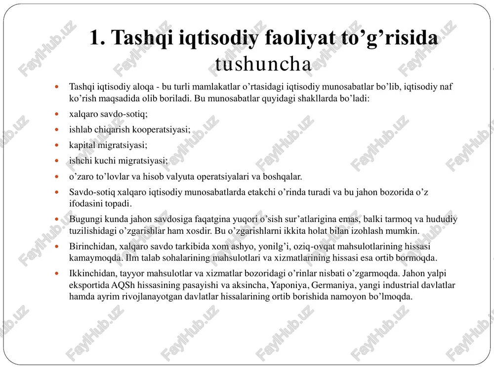 rdoshlik indeksi  krb0 va krb1- bazis va joriy davrlardagi raqobatbardoshlik darajalari 01 rbrbrb rb k:kj tso ie k     import koeffitsienti (ki)  ii – mazkur i mahsulot importi  ei - mazkur i mahsulot eksporti  ichi - mazkur i mahsulotni ishlab chiqarish  ji – import indeksi  ki0 va ki1- bazis va joriy davrlarda import darajalari 01 iii ii i i k:kj eich i k     jon boshiga to’g’ri kelgan savdo oboroti (ka)  - aholining o’rtacha soni a tso k a  a  regionning xalqaro savdo-sotiqdagi salmog’i (ktso)  rtso – regionning tashqi savdo oboroti  jtso – jahonning tashqi savdo oboroti  jdp – regionning tashqi savdo oborotdagi salmog’ining indeksi 01 100 tsotsodb tso sot tso k:kj j r k    eksport (ing. export, lot. exportare - chetga chiqarish) deganda tovarlar, xizmatlar va kapitalni tashqi …