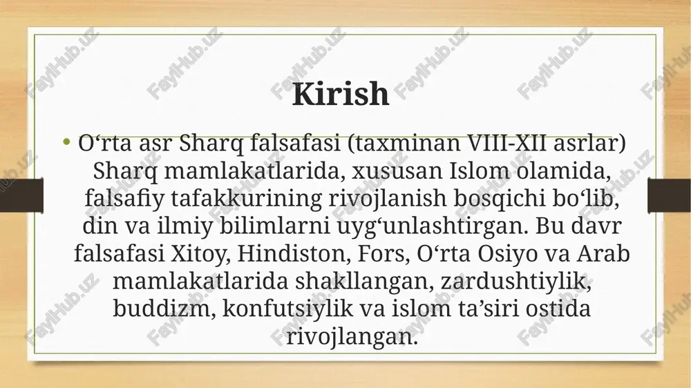 oqiy poklik, haqiqat va to‘g‘rilik muhim qadriyatlar sifatida ko‘rsatiladi. islomiy-sharq falsafasi islom dini ta’sirida viii–xii asrlarda musulmon sharqida yuksak ilm-fan va falsafa taraqqiy etdi. bu davrda quyidagi mashhur faylasuflar faoliyat yuritdi: al-farobiy – aristotel falsafasini davom ettirib, ideal jamiyat (fazilatli shahar) g‘oyasini ilgari surdi; ibn sino (avitsenna) – falsafa, tibbiyot, mantiq, metafizika va etika sohalarida yirik ilmiy meros qoldirdi; beruniy – tabiatshunoslik va falsafani uyg‘unlashtirdi; g‘azzoliy – tasavvuf va falsafiy skeptitsizm asoschisi; ibn rushd – aristotelizmni sharhlab, aql va din uyg‘unligini asoslab berdi. markaziy osiyo va movarounnahr falsafiy tafakkuri movarounnahr hududida yashagan faylasuflar: al-xorazmiy, ahmad farg‘oniy, abu nasr forobiy, ibn sino, abu rayhon beruniy – ilm-fan va falsafani uyg‘unlashtirgan; ulug‘bek – astronomik ilm-fan va tafakkurda katta iz qoldirgan; ahmad yassaviy, bahouddin naqshband – tasavvufiy tafakkur orqali inson kamoloti va axloqiy tarbiyani targ‘ib qilganlar. xulosa sharq falsafasi o‘zining chuqur ma’naviyati, axloqiylikka urg‘u berishi, tabiiy va ijtimoiy borliqni yaxlit holda ko‘rib chiqishi …