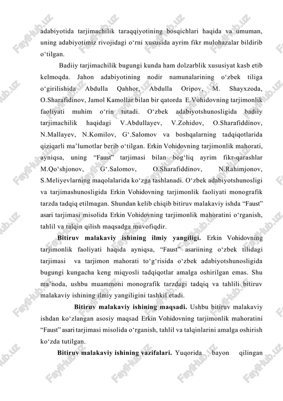 a bugungi kungacha keng miqyosli tadqiqotlar amalga oshirilgan emas. shu ma’noda, ushbu muammoni monografik tarzdagi tadqiq va tahlili bitiruv malakaviy ishining ilmiy yangiligini tashkil etadi. bitiruv malakaviy ishining maqsadi. ushbu bitiruv malakaviy ishdan ko‘zlangan asosiy maqsad erkin vohidovning tarjimonlik mahoratini “faust” asari tarjimasi misolida o‘rganish, tahlil va talqinlarini amalga oshirish ko‘zda tutilgan. bitiruv malakaviy ishining vazifalari. yuqorida bayon qilingan asosiy maqsaddan kelib chiqib bitiruv malakaviy ishimizda quyidagi vazifalarni amalga oshirish nazarda tutiladi: - o‘zbek tarjimachilik adabiyoti tarixiy taraqqiyot bosqichlarini o‘rganish; - gyote va uning “faust” asari haqida ma’lumotga ega bo‘lish va erkin vohidovning tarjimonlik faoliyatiga doir ma’lumotlarni to‘plash va umumlashtirish; - erkin vohidovning tarjimonlik mahoratini gyotening “faust” asari tarjimasi misolida o‘rganish; - erkin vohidovning badiiy tarjimachilik faoliyatining o‘ziga xos xususiyatlarini matndagi asliyat va badiiy tarjimaning qiyosi asosida o‘rganish. - biz ishimizni erkin vohidov va posho ali usmon tarjimalari qiyosida ko’rib chiqish. bitiruv malakaviy ishining metodologik asoslari. ushbu ishimizni bajarishda i.a.karimovning …