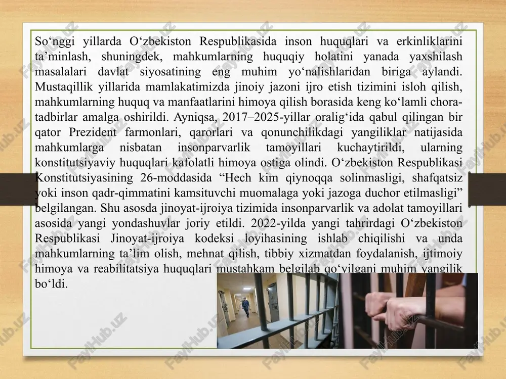 noyat kodeksi, jinoyat-protsessual kodeksi, jinoyat-ijroiya kodeksi, shuningdek, o‘zbekiston respublikasining “fuqarolarning huquq va erkinliklarini himoya qilish to‘g‘risida”gi qonuni mahkumlarning huquqiy holatini belgilab beruvchi asosiy normativ-huquqiy manbalar hisoblanadi. konstitutsiyaning 18-moddasida “barcha fuqarolar, shu jumladan ozodlikdan mahrum etilgan shaxslar ham qonun oldida tengdirlar” deb belgilangan. bu norma jinoyat sodir etgan shaxsning inson sifatidagi qadr-qimmatini himoya qilishni ta’minlaydi. o‘zbekiston respublikasi jinoyat-ijroiya kodeksi (jik)ning 10-moddasida mahkumlarning huquqlari aniq belgilab qo‘yilgan. unga ko‘ra, mahkumlar yashash uchun belgilangan sharoitlardan foydalanish, tibbiy xizmat olish, kasb-hunar o‘rganish, diniy e’tiqodini amalga oshirish, yaqin qarindoshlari bilan uchrashuv o‘tkazish, shikoyat va arizalar yozish, shuningdek, o‘zini himoya qilish huquqiga egadirlar. shu bilan birga, mahkumlarning majburiyatlari ham mavjud bo‘lib, ular ichki tartib-qoidalarni bajarish, jazo muassasasi ma’muriyatining qonuniy talablariga rioya etish, mehnat intizomini saqlash va o‘z xatti-harakatlari uchun javob berishlari lozim. o‘zbekiston respublikasi prezidentining 2017-yil 30-noyabrdagi “sud-huquq tizimini yanada isloh qilish chora-tadbirlari to‘g‘risida”gi farmoni, 2019-yil 7-maydagi “jazoni ijro etish muassasalari faoliyatini takomillashtirish va mahkumlar huquqlarini …