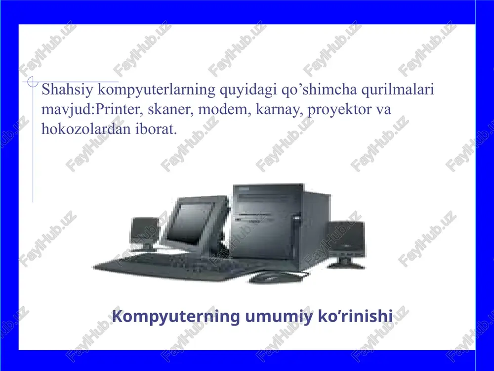 yidagilar dlp proyektorlar (digital light processing): mikro oynalardan foydalanib, aniq va kontrastli tasvirlar yaratadi. afzalligi: tez harakatli videolar uchun yaxshi (masalan, filmlar), ammo "kamalak effekti" paydo bo'lishi mumkin. vazifasi: uy kinoteatri va o'yinlar. proyektorlarning asosiy turlari quyidagilar led proyektorlar: led lampalardan foydalanadi, uzoq muddatli (20,000+ soat) va energiya tejaydi. afzalligi: ekologik toza, ammo yorqinligi pastroq. vazifasi: portativ va uy foydalanishi. proyektorlarning asosiy turlari quyidagilar lazer proyektorlar: lazer diodlaridan foydalanib, yuqori yorqinlik va ranglar beradi. afzalligi: uzoq muddatli (30,000+ soat) va yuqori sifat, ammo qimmat. vazifasi: professional taqdimotlar va katta zallar. proyektorlarning asosiy turlari quyidagilar boshqa turlar: lcos proyektorlar (yuqori sifatli, ammo qimmat), pikto (kichik, portativ), crt (eski tur, yuqori sifatli ammo og'ir). shuningdek, qo'llanish bo'yicha: uy kinoteatri proyektorlar (yuqori ruxsatlik), biznes proyektorlar (yorqinlik muhim), portativ va ultra-qisqa masofali proyektorlar (joy tejaydi). xulosa skanerlar va proyektorlar kompyuterning qo'shimcha qurilmalari sifatida raqamli dunyoni jismoniy dunyo bilan bog'laydi. skanerlar ma'lumotlarni kiritadi, proyektorlar esa …