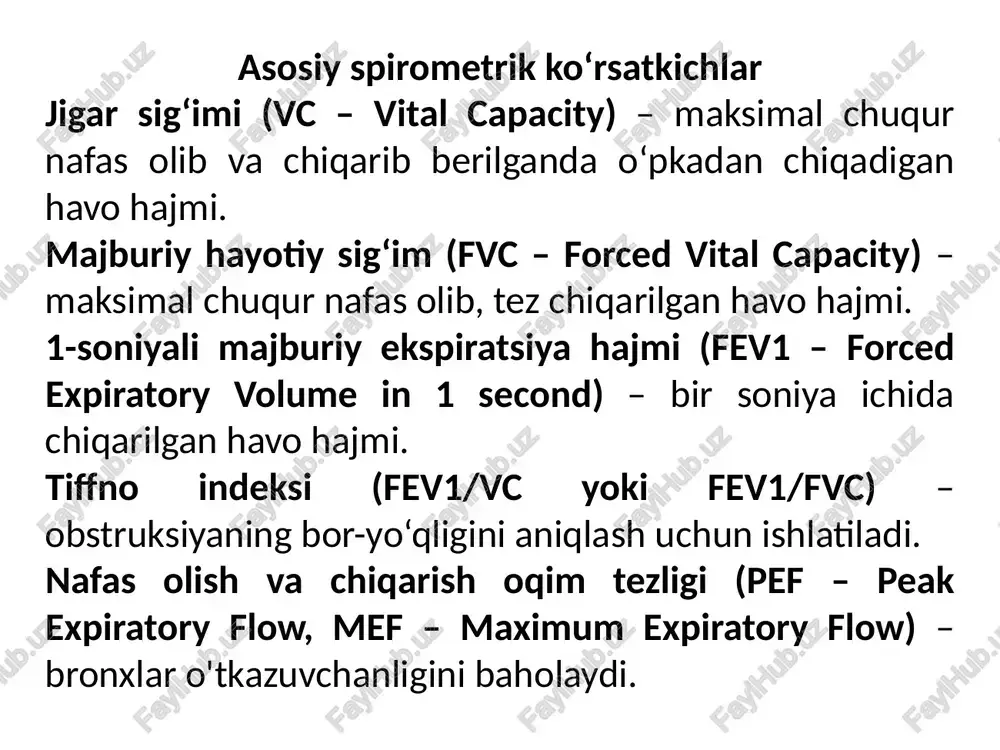 uhim diagnostik usuldir. spirometriya, pletizmografiya va diffuziya testi kabi metodlar yordamida o‘pka hajmi, bronxlarning o'tkazuvchanligi va gaz almashinuvining samaradorligi o‘lchanadi. tnf tekshiruvlari nafas qisilishi, yo‘tal yoki hansirash kabi simptomlarga ega bemorlarga, shuningdek, bronxial astma va surunkali obstruktiv o‘pka kasalligi (so‘ok) diagnostikasi va monitoringi uchun tavsiya etiladi. natijalarga qarab, obstruktiv, restriktiv yoki aralash turdagi patologiyalar aniqlanishi mumkin. erta tashxis qo‘yish va nafas tizimining faoliyatini muntazam kuzatish kasalliklarni oldini olish va samarali davolash uchun juda muhimdir. agar sizda nafas olish bilan bog‘liq muammolar bo‘lsa, shifokorga murojaat qilib, tnf tekshiruvlaridan o‘tish tavsiya etiladi. foydalanilgan adabiyotlar g.a. melnichuk, v.n. yakovlev. funktsionalnaya diagnostika zabolevaniy organov dixaniya. – moskva: meditsina, 2015. european respiratory society (ers). lung function testing: the european respiratory society guidelines. european respiratory journal, 2018. global initiative for chronic obstructive lung disease (gold). global strategy for the diagnosis, management, and prevention of chronic obstructive pulmonary disease. gold report, 2023. miller, m.r., hankinson, j., brusasco, …
