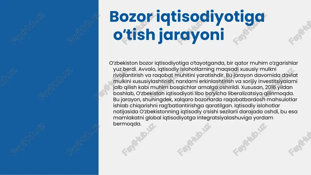qalarni belgilaydi. bozor munosabatlari orqali yangi imkoniyatlar yaratiladi, masalan, mahalliy ishlab chiqaruvchilar uchun eksport bozorlariga kirish, innovatsiyalarni joriy etish va raqobatni kuchaytirish. biroq, bozor munosabatlarini o'rnatishda bir qator qiyinchiliklar mavjud: bozorning notekis rivojlanishi, infratuzilma yetishmovchiligi va iste'molchilar huquqlarini himoya qilishdagi muammolar. kelajakda bozor munosabatlari rivojlanishi uchun innovatsiyalarni qo'llab-quvvatlash va qonuniy asoslarni mustahkamlash zarur. 1 2 3 4 bozor munosabatlarining rivojlanish jarayoni boshlanish: o'zbekiston bozor munosabatlariga o'tish jarayoni 1991-yildan boshlangan bo'lib, bu davrda davlat iqtisodiyoti erkin bozor tamoyillariga asoslangan yangi tizimga o'tishga intildi. o'sish: o'sish davrida, 1990-yillarning oxirlarida va 2000-yillarning boshlarida iqtisodiy islohotlar amalga oshirildi. bu islohotlar ishsizlikni kamaytirish va xususiy sektorni rivojlantirishga qaratilgan edi. mamlakatda qishloq xo'jaligidan sanoatga o'tish jarayoni yuz berdi. rivojlanish: swot tahlili: - kuchli tomonlar: mamlakatning boy tabiiy resurslari va strategik geografik joylashuvi. - zaif tomonlar: qishloq xo'jaligi sektori yuqori darajada qaram bo'lishi. - imkoniyatlar: xalqaro investitsiyalarni jalb qilish va eksportni oshirish. - tahdidlar: global iqtisodiy o'zgarishlar …