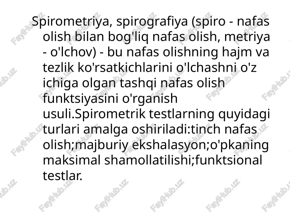 ning hayotiy qobiliyati; fvc - majburiy ekshalasyon bilan, nafas olishning boshida va oxirida o'pkada havo miqdori o'rtasidagi farq hisoblanadi; fev1 - birinchi sekundda ekspiratuar hajm; pic - ekshalasyon darajasi; mos - efir vaqtida havo harakatining tezligi. spirometriyaning standartlari lel parametri uchun quyidagi ko'rsatkichlar aniqlanadi: norma - 90% dan ortiq; shartli norma - 85-90%; o'rtacha og'ish - 70-84%; sezilarli farq - 50-69%; o'tkir burilishlar - 50% dan kam. fev1 parametri uchun quyidagi ko'rsatkichlar foiz sifatida ko'rsatiladi: norma - 85% dan ortiq; shartli norma - 75-85%; mo''tadil og'ishlar - 55-74%; sezilarli farq - 35-54%; o'tkir burilishlar - 35% dan kam. rag'batlantiruvchi spirometr nimani o'lchaydi? rag'batlantiruvchi spirometr - bu operatsiya yoki o'pka kasalligidan so'ng o'pkangizni tiklashga yordam beradigan qo'l asbobidir. uzoq muddatli bekor qilingandan so'ng o'pkangiz zaiflashishi mumkin. spirometrdan foydalanish ularni faol va suyuq holda saqlashga yordam beradi. rag'batlantiruvchi spirometrdan nafas olayotganda, qurilma ichida piston ko'tarilib, nafas hajmini o'lchaydi. sog'liqni saqlash provayderi sizni …