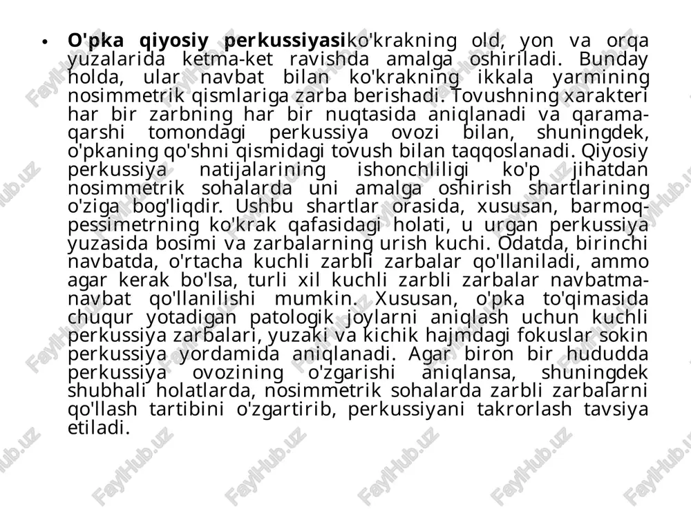 plevral efüzyon hajmiga bog'liq. masalan, o'pkaning yallig'lanish infiltratsiyasi hududida fokal pnevmoniya bilan perkussiya tovushining qisqarishi yoki xiralashishi aniqlanadi, krupli pnevmoniyada esa zerikarli perkussiya ovozi o'pkaning havosiz va zich bo'lagi ustidan aniqlanadi. o‘pka perkussiyasi haqida qisqa ma’lumot: o‘pka perkussiyasi – bu bemorning ko‘krak qafasi sohasiga barmoq yoki asbob yordamida urish orqali tovushlarni tahlil qilish usuli. bu usul nafas olish tizimining holatini baholashda muhim diagnostika usullaridan biridir. o‘pka perkussiyasi yordamida shifokor o‘pkadagi havo miqdori, uning elastikligi, shuningdek, yallig‘lanish yoki suyuqlik to‘planishini aniqlashi mumkin. asosiy maqsadlari: tovushlarni baholash: normada tiniq o‘pka tovushi eshitiladi. so‘ndirilgan tovush: suyuqlik (plevrit) yoki qattiq to‘qimalarning ko‘payishi (pnevmoniya) bilan bog‘liq bo‘lishi mumkin. timpanik tovush: o‘pkada havo bo‘shliqlari (pnevmotoraks, emfizema) borligini ko‘rsatadi. chegaralarni aniqlash: o‘pka chegaralarini aniqlab, patologik jarayonlarni (masalan, o‘pkaning o‘lchami o‘zgarishini) baholash. simmetriya tekshiruvi: o‘ng va chap o‘pkaning tovush xususiyatlarini solishtirish. xulosa: o‘pka perkussiyasi nafas olish tizimi kasalliklarini erta aniqlashda samarali va qulay usuldir. bu usulni boshqa tekshiruv …