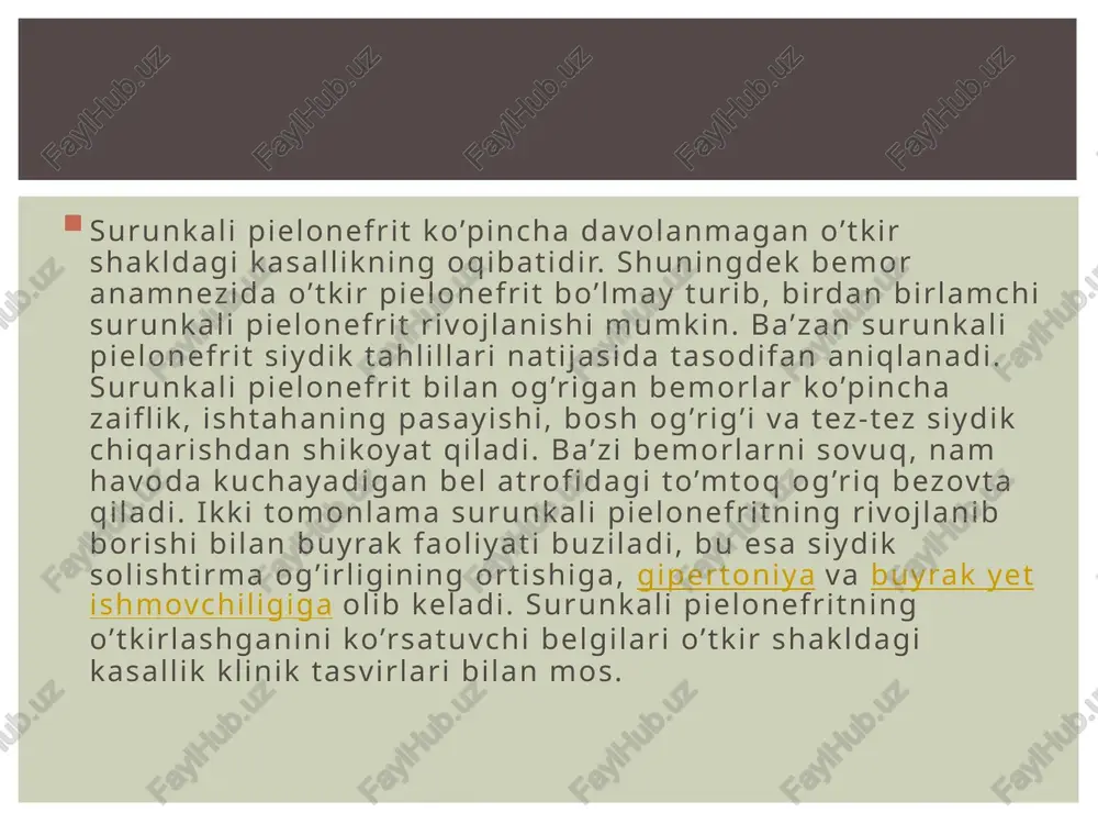 shishishi ertalab kuzatilgan; yurish paytida bel og'rishi bemorda doimo bel qismi sovuq bo'ladi. surunkali shakli ba'zan o'tkir pielonefrit belgilari bilan tavsiflanadi. pielonefrit asoratlari ikki tomonlama o’tkir pielonefrit o’tkir buyrak yetishmovchiligiga olib kelishi mumkin. eng og’ir asoratlarga sepsis va bakterial shokni misol qilsa bo’ladi. ba’zi hollarda o’tkir pielonefrit paranefrit kabi asoratga olib kelishi mumkin. shuningdek apostenomatoz pielonefrit (buyrakning po’st moddasida va yuzasida bir necha kichik yiringli pufakchalarning shakllanishi), buyrak karbunkuli (ko’pincha kichik yarachalarning birlashishi natijasida yuzaga keladi, yiring-yallig’lanishli, mekrotik va ishemik jarayonlarning mavjudligi bilan tavsiflanadi), buyrak abstsessi (buyrak parenximasining yemirilish) va buyrak kosachalarining nekrozi rivojlanishi mumkin. buyrakda yiringli-destruktiv o’zgarishlar kuzatilganda buyrak jarrohligini amalga oshirish talab etiladi. agar kasallik davolasnmasa, yiringli-destruktiv pielonefritning terminal bosqichi boshlanadi. bunda pionefroz rivojlanadi, bunda buyrak butunlay yiringli yemirilishga duchor bo’ladi va siydik, yiring va to’qima parchalanishi natijasida qolgan moddalardan tashkil topgan bo’shliqli o’choqqa aylanadi. to'g'ri tashxis qo'yish, shuningdek, yallig'lanish joyini aniqlash uchun laboratoriya usullarini instrumental usullar bilan …
