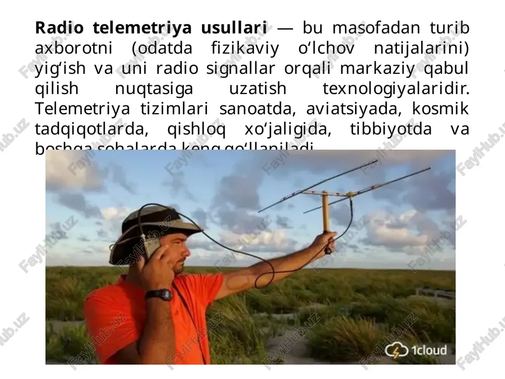 amonaviy telekommunikatsiya tizimlari va ularning amaliy qo‘llanilishi. g‘ulomov h.h., omonov m.m. “elektronika va telekommunikatsiya asoslari”, toshkent, 2017. – telemetriya bilan bog‘liq texnik qurilmalar va elektronika komponentlari haqida tushunchalar. image1.jpeg image2.jpeg image3.jpeg image4.jpeg image5.jpeg image6.jpeg image7.jpeg image8.jpeg image9.jpeg image10.jpeg @ teloud de frequency shift keying (fsk) ‘two frequencies to represent 0 & 1 | signal omnidirectional unidirectional —>cca — records sound from records sound from all directions, one direction, bidirectional » unidirectional 2 aw /docprops/thumbnail.jpeg radio telemetriya usullari