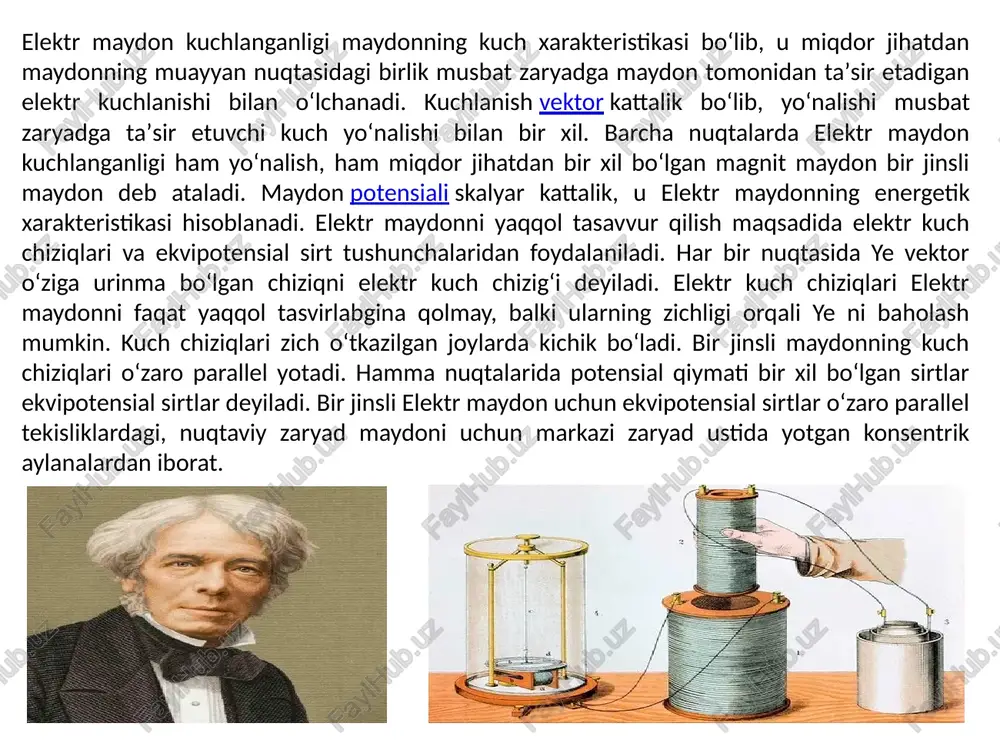 qurilmalarni yaratish uchun ishlatiladi. 4. ** energiya uzatish: * * elektr maydoni zaryadlangan zarralar o'rtasida yoki zaryadlangan zarralar va o'tkazgichlar o'rtasida energiya uzatishni osonlashtiradi, bu esa uni elektr zanjirlari va energiya uzatish qurilmalarida ishlatishga imkon beradi. 5. ** energiyani saqlash: * * elektr maydoni zaryadlangan zarralar harakatlanayotganda kinetik energiyaga aylanadigan potentsial energiyani saqlashi mumkin. shunday qilib, maydon energiyani saqlash va taqsimlashda muhim rol o'ynaydi. 6. ** ob'ektlar orasidagi o'zaro ta'sirni tartibga solish: * * elektr maydoni yordamida zaryadlangan ob'ektlar orasidagi o'zaro ta'sirlarni boshqarish, zarrachalar harakatini boshqarish va tizim barqarorligini ta'minlash mumkin. umuman olganda, elektr maydoni fizika, elektrotexnika, texnologiya va kundalik hayotda muhim funktsiyalarni bajaradi, zaryadlangan ob'ektlar o'rtasida samarali o'zaro ta'sir o'tkazish, energiyani saqlash va uzatish va elektr jarayonlarini boshqarish va tartibga solishni ta'minlaydi. elektr maydon ishi - bu yaqin atrofdagi zaryadlangan zarrachada elektr maydon tomonidan bajariladigan ish. joylashgan zarracha elektr maydoni bilan o'zaro ta'sirni boshdan kechiradi. zaryad birligiga to'g'ri keladigan …