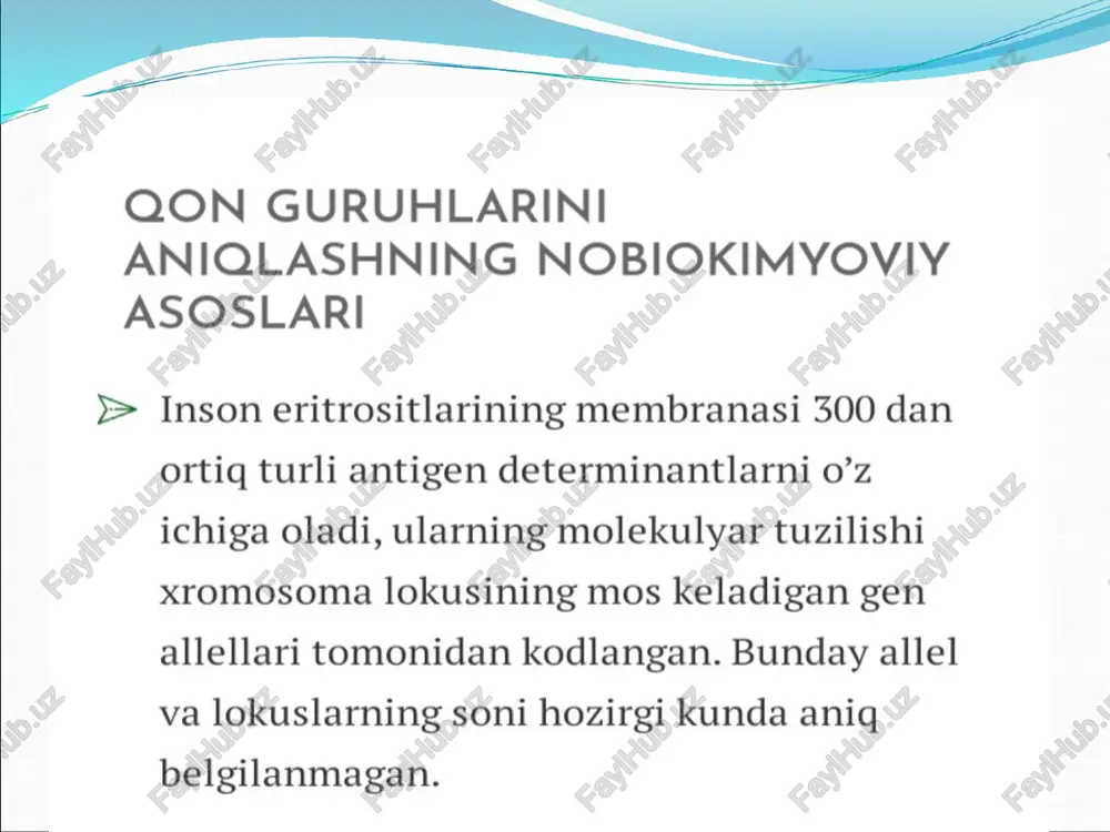 i (~ 0,01) go’yiladi. tomchilar aralashtiriladi va natijalar besh daqiqadan so’ng baholanadi. agglyutinatsiya kuzatilishi ularning gon guruhlari bir xil turda bo’lishiga qaramasdan abo tizimida qon beruvchi va qabul giluvchi qonning mos kelmasligini ko’rsatadi. py :porm 1 pesye-arcrop kak “acro nerpesacres 0 + 40 % o- 7% at 34% a- 6% bt 8% b- 1% ab + 3% ab - 1% rezus-faktor (rh) — odamlar va bengal makakalari eritrotsitlarida bo‘ladigan antigen. rezus-faktor bor yoki yo'qligiga qarab rezusmusbat (rh+ odamlarning 85%) va rezusmanfiy (rh— odamlarning 15%) organizmlarga ajratiladi. qon quyishda rezus- faktorning amaliy ahamiyati katta. rezusmanfiyli odamlarga rezusmusbatli odamlarning qoni quyilsa yoki rezusmanfiyli ayolning homilasi rezusmusbatli bo'lsa, immun kasallik (chaqaloglarning gemolitik kasalligi va boshqalar) vujudga kelishi mumkin. bunday holatlarni aniqlash va davolash hozir yaxshi yo‘lga go'yilgan. tug‘ruq vaqtida, shuningdek, qon quyishda qon gruppasi kabi, rezus-faktor ham, albatta, hisobga olinishi shart.!"! n - rezus omilni tuz bilan aniqlash usuli. a) tekshirilayotgan odam qonini …