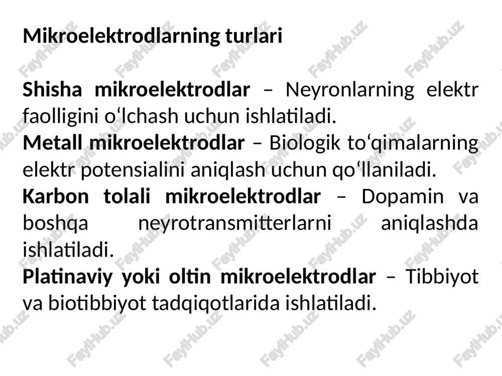 lib, miyaning elektr faolligini o‘lchash, yurak kasalliklarini aniqlash, ko‘rish va eshitish qobiliyatini tiklash hamda protezlarni boshqarish kabi muhim vazifalarni bajaradi. mikroelektrodlarning qo‘llanilishi tibbiyotda aniq tashxis qo‘yish, individual davolash usullarini rivojlantirish va bemorlarning hayot sifatini yaxshilash imkonini bermoqda. ularning rivojlanishi kelajakda nerv tizimi bilan to‘g‘ridan-to‘g‘ri interfeys yaratish, sun’iy a’zolarni miya orqali boshqarish va yangi turdagi davolash usullarini joriy etish kabi innovatsiyalarga yo‘l ochadi. shunday qilib, mikroelektrodlar tibbiyot va biotexnologiyada inqilobiy ahamiyatga ega bo‘lib, kelajakda inson salomatligini saqlash va tiklash jarayonlarini yanada rivojlantirishda muhim rol o‘ynaydi foydalanilgan adabiyotlar webster, j. g. medical instrumentation: application and design. wiley, 2020. bear, m. f., connors, b. w., & paradiso, m. a. neuroscience: exploring the brain. lippincott williams & wilkins, 2021. geddes, l. a., & baker, l. e. principles of biomedical instrumentation and measurement. wiley, 2018. nicolelis, m. a. l. brain-machine interfaces to restore motor function and probe neural circuits. nature reviews neuroscience, 2022. grill, w. …