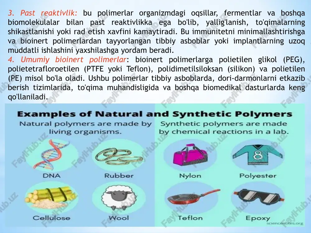 sterilizatsiyasi va kimyoviy moddalarga chidamliligi tufayli qon oksigenatorlari, dializatorlar va filtratsiya membranalari kabi tibbiy asbob-uskunalarda qo'llaniladi. 6. poli (metil metakrilat) (pmma): pmma shaffof va qattiq polimer bo'lib, odatda kontakt linzalari, ko'z ichi linzalari va tish protezlarida ishlatiladi. u biologik mos va biologik muhitda degradatsiyaga chidamli. bioinert polimerlari biologik muhitda biologik moslik va barqarorlik nuqtai nazaridan turli xil afzalliklarni taklif qilsa-da, ular hali ham ba'zi dasturlarda ba'zi kamchiliklar va cheklovlarga ega bo'lishi mumkin. quyidagi bioinert polimerlarning ba'zi potentsial kamchiliklari:** poli (metil metakrilat) (pmma):**1. ** mo'rtlik: * * pmma nisbatan mo'rt bo'lishi mumkin, bu esa uni ma'lum sharoitlarda sinishga moyil qiladi.2. ** yomon zarba qarshiligi: * * pmma cheklangan zarba qarshiligiga ega bo'lishi mumkin, bu mexanik kuch juda muhim bo'lgan ilovalarda tashvish tug'dirishi mumkin.3. ** allergik reaktsiyalar uchun potentsial: * * ba'zi odamlarda allergik reaktsiyalar yoki terining pmma ga sezgirligi bo'lishi mumkin.** polisulfon (psu) va polietersulfon (pes):**1. ** narxi: * * psu …