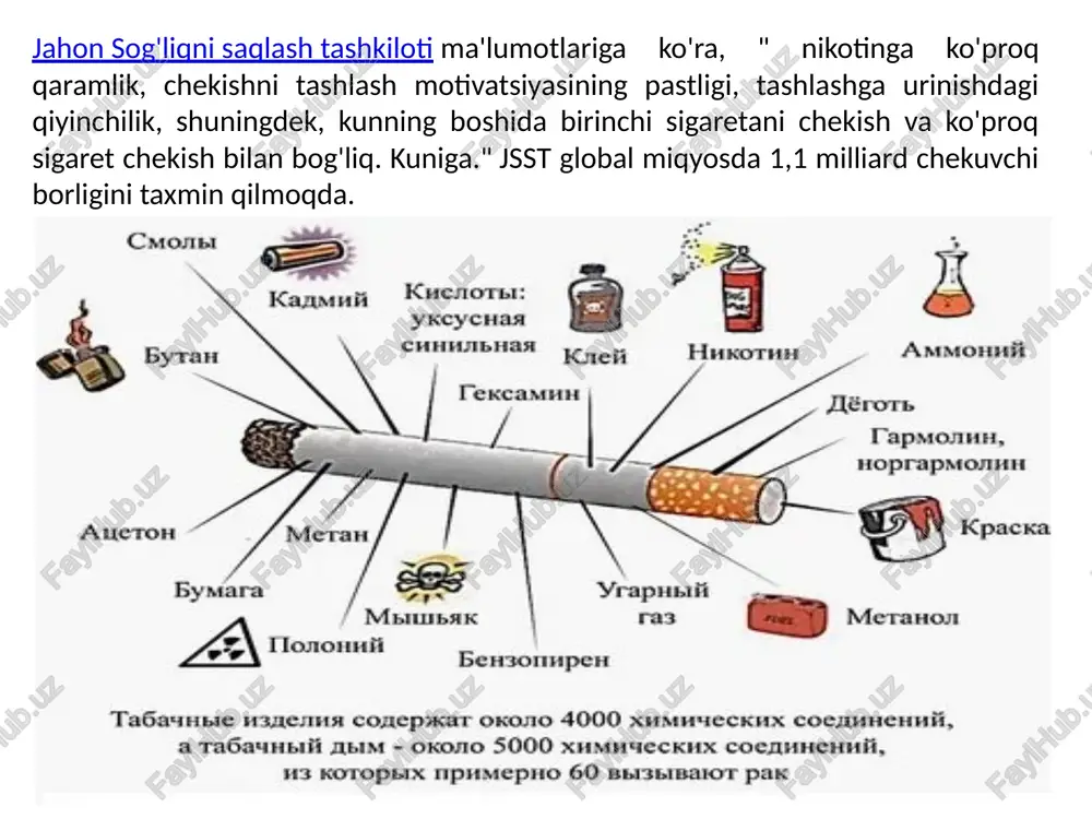mumkin, bu metastazga olib keladi va saratonni davolashni qiyinlashtiradi. nikotinning asosiy farmakologik ta'siri erkaklarda ham, ayollarda ham o'xshash bo'lsa-da, gormonal tebranishlar va noyob fiziologik omillar ta'sirida ayollarning nikotin ta'sirini boshdan kechirishi va ularga javob berishida asosiy farqlar mavjud. ayollarda nikotinning farmakokinetikasi: * tezroq metabolizm: ayollar gormonal ta'sir va ferment faolligidagi farqlar tufayli nikotinni erkaklarnikiga qaraganda tezroq metabolizmga moyil. bu nikotinga bo'lgan ishtiyoqni tez-tez keltirib chiqarishi va kerakli nikotin miqdorini saqlab qolish uchun tez-tez tamaki iste'mol qilish zarurligiga olib kelishi mumkin. * gormonal o'zaro ta'sirlar: estrogen nikotin metabolizmi uchun mas'ul bo'lgan asosiy ferment cyp2a6 faolligini oshirishi mumkin. bu nima uchun og'iz kontratseptivlari yoki gormonlarni almashtirish terapiyasidan foydalanadigan ayollarga ishtiyoqni boshqarish uchun nikotinni almashtirish terapiyasining yuqori dozalarini talab qilishi mumkinligini tushuntiradi. ayollar salomatligiga salbiy ta'siri: * reproduktiv salomatlik:* hayz davrining buzilishi: nikotin hayz davrini buzishi mumkin, bu esa tartibsiz davrlarga, og'irroq qon ketishiga va hayzdan oldingi simptomlarning kuchayishiga olib keladi. * bepushtlik: …