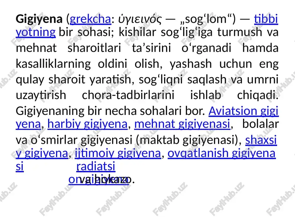 gigiyena sohasida t. i. iskandarov, sh. t. otaboyev, m. t. tohirov, n. s. tojiboyeva, i. i. ilinskiy, a. h. komiljonov, i. a. usmonovlar; mehnat gigiyenasi sohasida n. m. demidenko, o. i. ishoqov, o. r. azizxoʻjayev; umumiy gigiyena boʻyicha l. a. panomareva, sh. t. iskandarova; oziq-ovqat gigiyenasi sohasida n. q. boboxoʻjayev, b. a. doʻschonov, sh. s bahriddinov, a. s xudoyberdiyev; bolalar va oʻsmirlar gigiyenasi boʻyicha s. s. solixoʻjayev, m. n. ismoilov, gigiyena t. shayxova, r. x. xolmetov; zaharli kimyoviy moddalar gigiyenasi va toksikologiyasi boʻyicha gigiyena t. iskandarova, a. u. sodiqovlar; ijtimoiy gigiyena sohasida d. a. asadov, n. o‘quvchilarni gigiyenik tarbiyalash gigiyenik tarbiya – bu o‘quvchilarga shaxsiy va jamoat gigiyenasi qoidalarini o‘rgatish, sog‘lom turmush tarzini shakllantirish va sanitariya-gigiyena bilimlarini hayotga tadbiq etishga o‘rgatish jarayonidir. gigiyenik tarbiyaning asosiy maqsadi: o‘quvchilarda shaxsiy gigiyena ko‘nikmalarini shakllantirish; kasalliklarning oldini olish bo‘yicha tushunchalar berish; to‘g‘ri ovqatlanish, jismoniy faollik va toza muhitni ta’minlashning ahamiyatini tushuntirish; sog‘lom hayot tarziga …