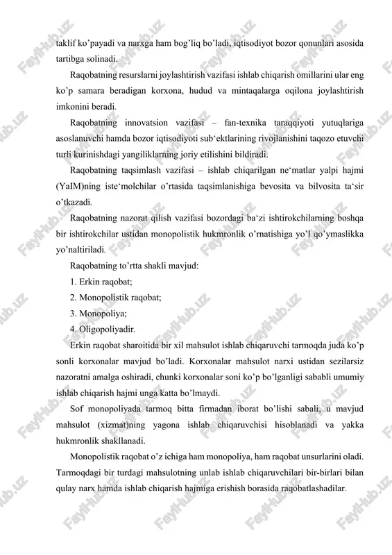 a ko’ra quyidagi raqobat turlari mavjuddir: 1) monopllashmagan korxonalar o’rtasidagi raqobat; 2) monopoliyalar hamda monopolistik birlashmalarga kirmagan ishlab chiqaruvchilar o’rtasidagi raqobat; 3) turli monopoliyalar o’rtasidagi raqobat; 4) monopolistik birlashmalar o’rtasidagi raqobat. o’z miqyosiga ko’ra raqobat ikki turga bo’linadi: 1. tarmoq ichidagi raqobat 2. tarmoqlararo raqobat. tarmoqlar ichidagi raqobat ishlab chiqarish va sotishning qo’layroq sharoitiga ega bo’lish, qo’shimcha foyda olish uchun bir tarmoq korxonalari o’rtasida boradi. korxonalarning (tarmoqlar ichida) har bir tarmoqda texnika bilan ta‘minlash darajasi va mehnat unumdorligi darajasi turlicha bo’lganligi sababli, shu korxonalarda ishlab chiqarilgan tovarlarning individual (alohida) qiymati bir hil bo’lmaydi. tarmoq ichidagi raqobat tovarlarning ijtimoiy qiymatini, boshqacha aytganda, bozor qiymatini aniqlaydi va belgilaydi. bu qiymat, odatda, o’rtacha sharoitda ishlab chiqarilgan va muayyan tarmoq tovarlarining anchagina qismini tashkil etadigan tovarlarning qiymatiga mos keladi. tarmoqlar ichidagi raqobat natijasida texnikaviy darajasi va mehnat unumdorligi yuqori bo’lgan korxonalar qo’shimcha foyda oladilar va aksincha, texnika jihatdan nochor korxonalar esa, o’zlarida ishlab chiqarilgan …