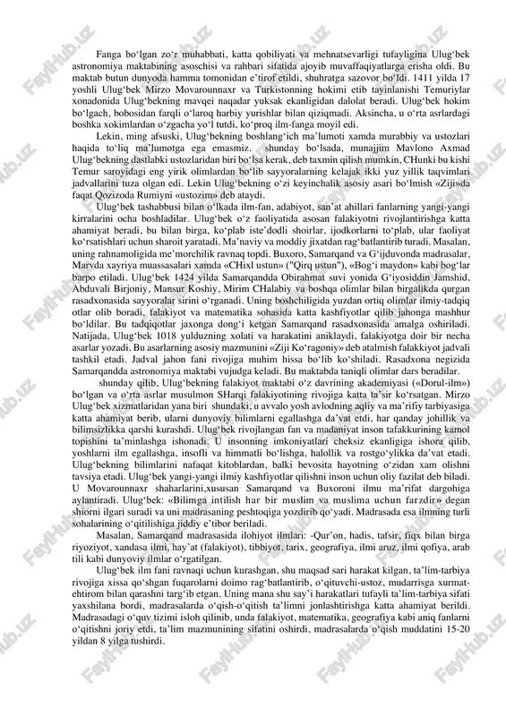 til, adabiyot, musiqa, tarix, falsafa, astronomiya, tarbiya nazariyasi sohasida juda ko‘p ilmiy asarlar yaratdi. u fan va maorifni birinchi darajadagi muhim ish deb hisoblab, ularni rivojlantirish uchun tinmay kurashdi. alisher navoiy davrida kitoblarni bezash san’ati, avvalo, hattotlik va miniatyura yuksak darajaga etdi. hirotda xashamatli arxitektura inshootlar yaratildi. ilmiy munozaralar o‘tkazish keng yo‘lga qo‘yildi. bu davrda movarounnaxrda ham san’at,arxitektura,bunyodkorlik texnikasi ancha ravnaq topdi. musiqa,tasviriy san’at,arxitektura,madaniyat adabiyot,ta’lim-tarbiyaga oid qator asarlar yaratildi. tarixiy va adabiy yodgorlik bo‘lgan «boburnoma» asari ham o‘sha davrda yaratilgan asarlar orasida o‘ziga xos ahamiyat kasb etdi. amin axmad roziy «xaft iqlim» (etti iqlim) degan geografik bibliografik lug‘at tuzdi. xvi asrda hatotlik san’ati yuksak darajaga etdi. sulton ali mirali xalaviy va boshqalar ustoz xattot nomini qozondilar. muhammad buxoriy hatotlik san’atining nazariyasi to‘g‘risida asar yaratdi. bu davrda bir qator ilm maskanlari bunyod etildi. jumladan shayboniyxon madrasasi, abduraxim sadr madrasasi, mirarab madrasasi, masjidi kalon va boshqa inshootlarning qurilishi ta’lim-tarbiya jarayonida muhim bosqich …