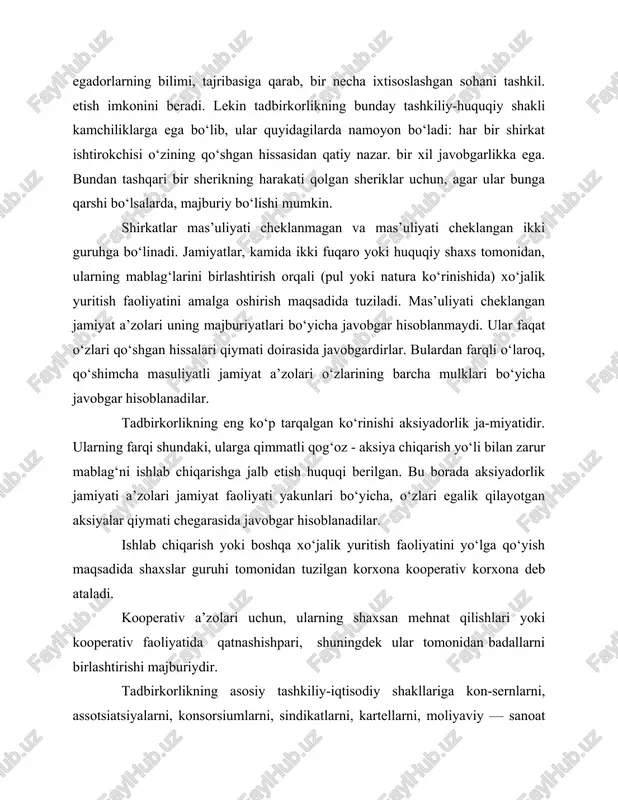 larni, kartellarni, moliyaviy — sanoat guruhlarni kiritish mumkin. konsern - ko‘p tarmoqli aksiyadorlik jamiyati bo‘lib, korxona-larni qatnashishi tizimi orqali nazorat qiladi. konsern tarmoqlanib chiqqan sho‘ba kompaniyalarning aksiyalari nazorat paketlariga egalik qiladi. o‘z navbatida sho‘ba kompaniyalar ham boshqa aksiyadorlik kompaniyalar (jumladan chet ellardagi) aksiyalari nazorat paketlariga egalik qilishi mumkin. assotsiatsiya — iqtisodiy jihatdan mustaqil bo‘lgan korxonalar, tashkilotlarning ixtiyoriy birlashmasidir. assotsiatsiyaga birlashgan korxona va tashkilotlar ayni paytda boshqa tuzilmalar tarkibiga ham kirishi mumkin. odatda, assotsiatsiya tarkibiga bir hududda joylashgan, bir sohaga ixtisoslashgan korxona va tashkilotlar kiradi. assotsiatsiyaga birlashishdan asosiy maqsad - ilmiy-texnika, ishlab-chiqarish, iqtisodiy-ijtimoiy va boshqa muammolarni birgalikda hal etishdir. konsorsium - yirik moliyaviy operatsiyalarni amalga oshirish maqsadida tuzilgan tadbirkorlarning uyushmasidir. tadbirkorlarning bunday uyushmasi yirik loyihalarga mablag‘ sarflash imkoniga ega bo‘lib, bunda tavakkalchilik bir muncha kamayadi, chunki javobgarlik ko‘plab qatnashchilar o‘rtasida taqsimlanadi. sindikat - ortiqcha raqobatchilikni cheklash maqsadida, mahsulot sotish uchun tuzilgan bir tarmoqdagi korxonalar birlashmasidir. kartel — bir. sohadagi korxonalarning, mahsulot, …