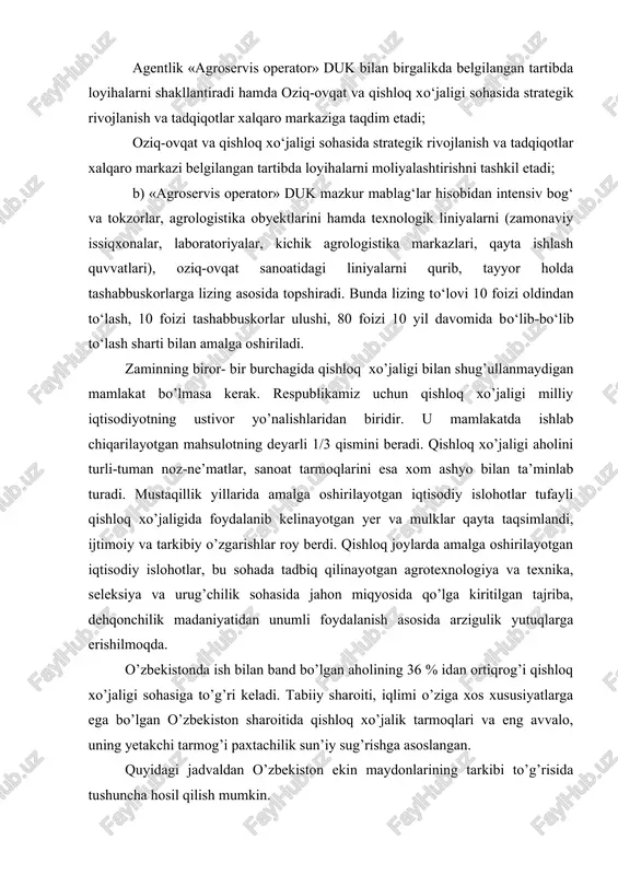 ishloq xo’jaligi sohasiga to’g’ri keladi. tabiiy sharoiti, iqlimi o’ziga xos xususiyatlarga ega bo’lgan o’zbekiston sharoitida qishloq xo’jalik tarmoqlari va eng avvalo, uning yetakchi tarmog’i paxtachilik sun’iy sug’rishga asoslangan. quyidagi jadvaldan o’zbekiston ekin maydonlarining tarkibi to’g’risida tushuncha hosil qilish mumkin. 5-jadval qishloq xo’jaligi ekinlari maydoni barcha xo’jaliklarda, ming gektar hisobida 1990 1995 1996 1997 1998 1999 2000 2001 barcha ekin maydonlari 4194,2 4165,0 4007,0 4140,6 4029,6 4019,5 3778,3 3438,4 g’alla ekinlari maydoni 1008,1 1656,5 1740,5 1837,6 1686,7 1720,5 1614,0 1391,6 paxta maydoni 1830,1 1492,8 1487,3 1513,1 1531,6 1517,4 1444,5 1452,0 kartoshka, sabzavot va poliz ekinlari 270,1 238,2 214,6 214,9 229,5 233,2 219,0 216,3 yem-xashak maydoni 1039,7 731,6 521,5 507,8 497,5 452,8 429,0 330,4 dehqonchilik dalachilik, bog’dorchilik va uzumchilikdan iborat. ekin turiga qarab don ekinlari, texnik ekinlar, yem xashak ekinlari, sabzavot va poliz ekinlari, kartoshka yetishtiruvchi xo’jaliklarga bo’linadi. dehqonchilikda tuproq-iqlim sharoiti qat’iy hisobga olinmog’i zarur. qishloq xo’jaligi ekinlari hosiliga ular o’sayotgan, vegetatsiya …