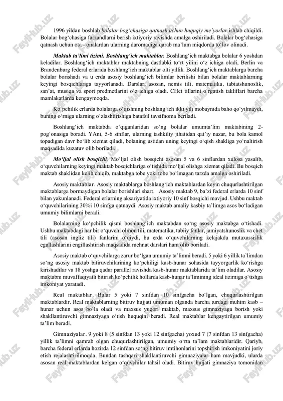 ga yoki kasb- hunar maktabiga to‘liq o‘quv haftasi davomida qatnashayotgan bo‘lsa). davlat maktablarining barchasida o‘qish bepuldir. o‘quv qo‘llanmalar ham, asosan darsliklar, qisman bepul beriladi. ba’zida o‘quv qo‘llanmalar va darsliklar vaqtincha foydalanish uchun berib turiladi. ba’zida o‘quv qo‘llanma narxining bir qismi ota - onaning daromadiga bog‘liq holda to‘lanadi. diniy ta’lim asosiy qonunga muvofiq — oddiy fan sifatida o‘qitiladi, lekin nokonfessional maktablar bundan mustasnodir. asosiy qonunga muvofiq ushbu fanni o‘qitish yoki o‘qitmaslik to‘g‘risidagi qarorni ota - ona qabul qiladi. 12 yoshdan boshlab, bolalarning diniy tarbiyasi haqidagi qonunga binoan ota - onaning qarori farzandning roziligi bilan tasdiqlanishi lozim. 14 yoshdan o‘quvchi ushbu fanni o‘qish yoki o‘qimaslik haqida o‘zi qaror qiladi, agar bunda erlar huquqi boshqa bir muvofiqlashtiruvchi vositani ko‘zda tutmagan bo‘lsa. asosiy qonunda mustaqil ta’sischilarga ega bo‘lgan xususiy maktablarni tashkil etish va saqlash kafolatlanadi. agar bunday xususiy maktablar davlat maktablari o‘rniga tashkil qilinsa, ularning ta’sis etilishi uchun davlat ruxsat berishi zarur. mustaqil ta’sischilarga …