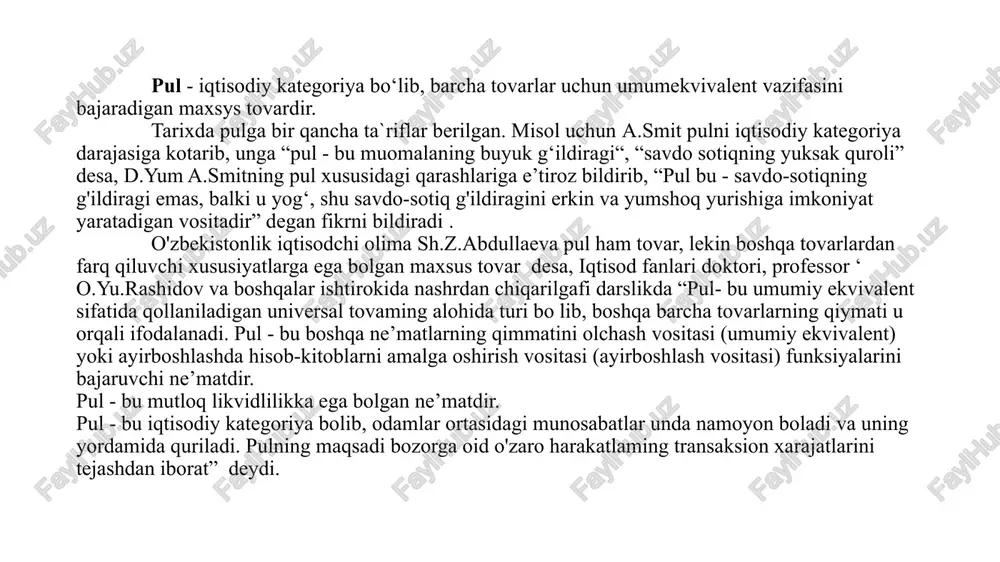 arlar eramizdan oldingi v-iv asrlarga qadar pul vazifasini bajardi. qiymatning umumiy shakli davrida, ishlab chiqarish 11kengaydi va uning asosiy maqsadi barcha uchun zarur bolgan tovami o‘zlashtirishga qaratildi. umumiy ekvivalent sifatida qo“y, don, jun, qimmatbaho buyum va boshqalar e’tirof etildi, lekin ular o'zining xossasidan kelib chiqqan holda uzoq vaqt umumekvivalent vazifasini bajarmadi. chunki, ishlab chiqarishning rivojlanishi, kishilar ovtasida iqtisodiy munosabatlami tezlashtirdi, bu sharoitda umumekvivalent vazifasini bajaradigan tovarlami olib yurish, saqlash va boshqa jarayonlar turli noqulaylik va qiyinchiliklami keltirib chiqardi. qiymatning pul shakli. ayirboshlash munosabatlarining rivojlanishi, jahon bozorining vujudga kelishi, kumush va oltinning barcha tovarlar ichidan umumekvivalent vosita sifatida ajralib chiqishiga olib keldi. ushbu metallaming tabiiy xossasi (yagona jismligi, qiymatining o'zgarmasligi, sifatining buzilmasligi) uzoq davr jamiyatda pul vazifasini bajarishiga xizmat qildi. tarixiy manbalarga ko‘ra, dastlabki metall tangalar eramizdan 12awalgi vii asrda xitoy va lidiya (malaya aziya) daviatlarida zarb etilgan. oltinning muomalada amal qilishi xx asrning 30-70 yillarida bekor qilindi, ya’ni oltin demonitizatsiyasi …