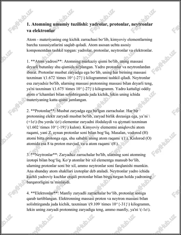 hda muhim qadamlarni tashlagan nazariyalardan biri hisoblanadi. bu model daniyalik fizika olimi nils bor tomonidan 1913-yilda kashf etilgan. bohr modeli klassik fizika qonunlarini kvant nazariyasi bilan birlashtirishga imkon berdi. mazkur model haqida ko‘proq ma’lumot beradigan bo‘lsak: bohr modeliga ko‘ra, atomlar elektronlar yuqori energiya sathlariga o‘tishi yoki past energiya sathlariga qaytishi natijasida nur sochadi yoki yutadi. bu energiya muayyan kvant miqdorlariga bo‘lingan. bohr modeliga asosan, atom yadrosi atrofida elektronlar aniq orbitalar bo‘ylab harakatlanadi. bu orbitalar energetik darajalar yoki "sathlar" deb ataladi. bohr nazariyasi yana kvant soni tushunchasini olib kirdi. kvant soni (n) elektronning qaysi energiya sathida joylashganligini aniqlaydi. masalan, n=1 bo‘lsa, u holda elektron eng past (asosiy) energiya sathida joylashgan bo‘ladi. agar elektron energiya olgan bo‘lsa, u yuqori energiya sathlaridan biriga o‘tadi (n=2, n=3 va hokazo). bohr modelida energiya sathlari e formula orqali aniqlanadi: \[ e_n = -\frac{13.6 \text{ ev}}{n^2} \] bu yerda, e_n — elektronning n-energiya sathidagi energiyasi, ev esa …