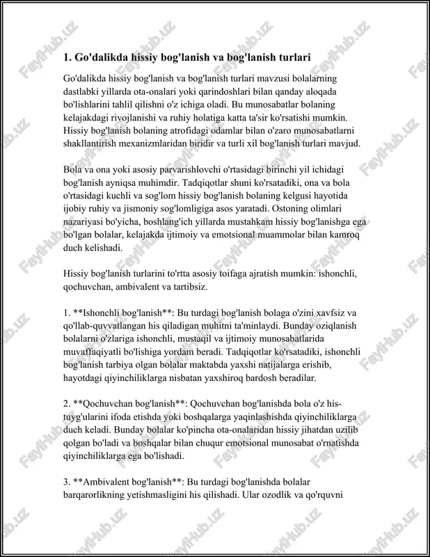 tsiyalarni his qilishi va ular bilan qanday ishlashni o'rganishlari kerak. emotsional rivojlanish bolaning ijtimoiy, kognitiv, va ruhiy salomatligiga katta ta'sir ko'rsatadi. 0-12 oy: dastlabki go'dalik davrida, yangi tug'ilgan chaqaloqlar hissiy reaksiyalarini yig'lash yoki tabassum bilan ifodalaydi. ushbu davrda, yuz ifodalari yoki ovoz orqali his-tuyg'ulari namoyon bo'ladi. taxminan 6-8 oylar orasida, chaqaloqlar hissiy ifodalarga javob berishni o'rganadilar va ota-onalarining emotsiyalariga taqlid qilishni boshlaydilar. ushbu davrda bolalar qisqa muddat ichida ko'plab turli xil emotsiyalarni his qilishni boshlaydilar. 1-3 yosh: bir yoshdan keyin bolalar ko'proq murakkab emotsiyalarni anglashni boshlaydilar. ular hursandchilik, g'azablanish, qo'rquv va qiziqish kabi emotsiyalarni aniqlash va ifodalashni o'rganadilar. ushbu yoshda to'siq qo'yilganda yoki istagini amalga oshira olmaganda, ko'pincha g'azablanish yoki norozilik kabi hissiyotlarni baqirish orqali ifodalaydilar. shu bilan birga, bolalar atrofidagi kishilarning emotsiyalarini sezish qobiliyatini rivojlantiradilar va bu orqali ijtimoiy muloqotni boshlaydilar. 3-5 yosh: ushbu davrda bolalar ko'proq ijtimoiy emotsiyalarni anglashni boshlaydilar. ularning lug'ati kengaygan sari o'z his-tuyg'ularini so'zlar orqali …