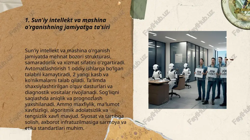 oddiy takroriy vazifalar avtomatlashtirilishi mumkin; bu esa qayta tayyorlash va ko'nikmalarni erta o'rgatishni talab qiladi. 70% yangi ishlar raqamli va analitik ko'nikmalarni so'rashi mumkin. siyosat va ta'lim dasturlari 5 yil ichida mehnat bozoriga moslashishni tezlashtirish uchun investitsiya qilishi zarur. masofaviy ish va gig iqtisodiyoti ish formatlarini o'zgartiradi. ... t.me/slaydai_bot blockchain texnologiyasi markazlashtirilmagan, o'zgarmas va shaffof yozuvlarni ta'minlaydi; bu moliyaviy inklyuziya, chet el pul o'tkazmalari va ta'minot zanjiri kuzatuvini yaxshilaydi. kriptovalyutalar narxining o'zgaruvchanligi, noqonuniy foydalanish xavfi, shaxsiy ma'lumotlar va anonimlik muammolari, yirik tarmoqlar energiya sarfi va atrof-muhit ta'siri, mehnat bozori va iqtisodiy tengsizlikdagi o'zgarishlar ijtimoiy oqibatlarni keltirib chiqaradi. regulyatsiya, ta'lim va texnologik inkluzivlik siyosatlari ta'sirni kamaytirishi mumkin. ... t.me/slaydai_bot virtual haqiqat vr va qo'shilgan haqiqat ar ijtimoiy ta'siri shaxsiy aloqalarni interaktiv raqamli muloqotga o'zgartiradi ijtimoiy izolatsiya va yolg'izlik xavfini oshirishi mumkin ta'lim va sog'liqni saqlashda empatiya ko'nikma mashqlari va reabilitatsiya imkoniyatlarini kengaytiradi ish bozorida kasb o'zgarishi masofaviy ish va xizmatlarda avtomatlashtirish …