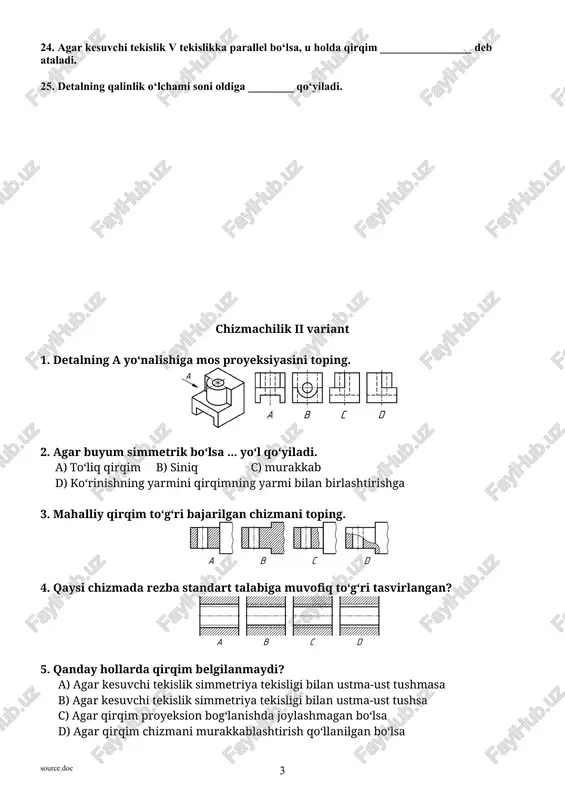 osil bo‘ladi? 11. agar o‘lcham chizig‘i vertikal o‘tkazilgan bo‘lsa, u holda o‘lcham soni qayerga qo‘yiladi? a) o‘ng tomonga b) chap tomonga c) tepaga d) pastga 12. agar uzunlik 100 mm va masshtab 1:2 bilan ifodalangan bo‘lsa, u holda o‘lcham chizig‘ida buyumning qaysi uzunligi qo‘yiladi? a) 50 mm b) 200 mm c) 150 mm d) 100 mm 13. qaysi format eng kichigi hisoblanadi? a) a1 b) a2 c) az d) a4 14. qaysi tasvirda gayka ifodalangan? 15. jismning ko‘rinish va qirqimini birlashtirib tasvirlashda qirqim quyidagicha tasvirlanadi: a) simmetriya o‘qiga nisbatan o‘ngda b) simmetriya o‘qiga nisbatan chapda c) xohlagan tomonda d) alohida 16. konusning asosi … hisoblanadi. a) uchburchaklik b) beshburchaklik c) kvadrat d) aylana 17. na frontal, na gorizontal, na profil proyeksiyalat tekisliklariga parallel bo‘lmagan to‘g‘ri chiziq kesmasi qanday ataladi? a) to‘g‘ri chiziq b) to‘g‘ri tushuvchi chiziq c) umumiy holatdagi to‘g‘ri chiziq d) profil proyeksiyalovchi to‘g‘ri chiziq 18. w tekislikka parallel …