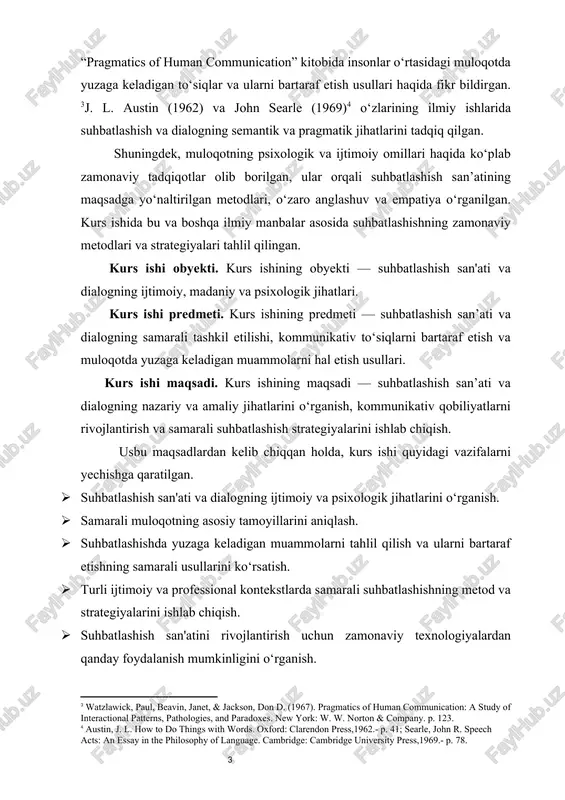 idge: cambridge university press,1969.- p. 78.] shuningdek, muloqotning psixologik va ijtimoiy omillari haqida ko‘plab zamonaviy tadqiqotlar olib borilgan, ular orqali suhbatlashish san’atining maqsadga yo‘naltirilgan metodlari, o‘zaro anglashuv va empatiya o‘rganilgan. kurs ishida bu va boshqa ilmiy manbalar asosida suhbatlashishning zamonaviy metodlari va strategiyalari tahlil qilingan. kurs ishi obyekti. kurs ishining obyekti — suhbatlashish san'ati va dialogning ijtimoiy, madaniy va psixologik jihatlari. kurs ishi predmeti. kurs ishining predmeti — suhbatlashish san’ati va dialogning samarali tashkil etilishi, kommunikativ to‘siqlarni bartaraf etish va muloqotda yuzaga keladigan muammolarni hal etish usullari. kurs ishi maqsadi. kurs ishining maqsadi — suhbatlashish san’ati va dialogning nazariy va amaliy jihatlarini o‘rganish, kommunikativ qobiliyatlarni rivojlantirish va samarali suhbatlashish strategiyalarini ishlab chiqish. usbu maqsadlardan kelib chiqqan holda, kurs ishi quyidagi vazifalarni yechishga qaratilgan. · suhbatlashish san'ati va dialogning ijtimoiy va psixologik jihatlarini o‘rganish. · samarali muloqotning asosiy tamoyillarini aniqlash. · suhbatlashishda yuzaga keladigan muammolarni tahlil qilish va ularni bartaraf etishning …
