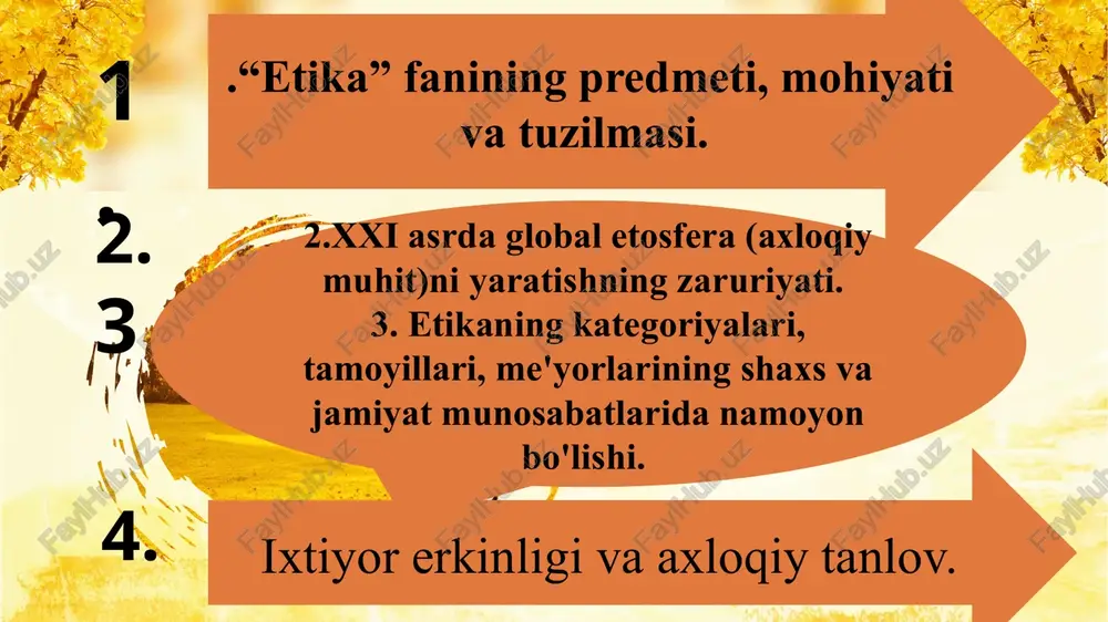 e27.jpeg image28.jpeg image29.jpeg image30.jpeg : borliq haqidagi ontologiya sailimand gnoseologiya bilish nazariyasi cre jamiyat haqidagi ijtimoiy falsafa ia'limot } qadryatlar falsafa k aksiologiya to’g’risidagi ta’limot se inson to’g’risidagi antropologiya eae sharqda “axloq”-arabcha, “xulq” so'zining ko’plik ma'nosini ifodalaydi. o“insonlarni yaxshilikka chaqiruychi, yomonlikdan qaytaruvchi bir ilmdir. yaxshi xulqlarning yaxshiligini, yomon xulglarning yomonligini dalil va misollar ila’ bayon qilaturg’on kitobniaxlog deyilur.”- a, avloniy etika- axloqgshunoslik nazariyasi- “imi ravish”, “imi axlog”, “odobnoma” tarzida o’tib kelingan @ g’arbda axloq ilmi “etika” nomi bn ataladi. @ “etika”so’zi yunoncha “ethos”- “odat”, “fe'l", “fikrlash tarzi” demakdir. @ atamani fanga 1-bo’lib arastu olib kirgan. “othka” atamachhh apacty himhii myyomajiara khphtrah. apacty @an.tapan tachub kapka. yilaphu v4 rypyxra o¥aqh: ha3aphi, amajhii ba eokothi bupawan yanna rypyxra rypyxra y hixxswan 9ca- cahbat, paacada. rypyxra- stakka xyhapmaniqb.ink matemathka 5a ba chécathh; ba amalhh usnkann: danzapan khphtah. jlemax, apactysuar duxpu4a axtokuryhocankx amanuil dananp, 4yhkh axiokhit konjaqap kyprasmaqh 9mac, oatkh amata wkthmohit xaéthhhy xamma …