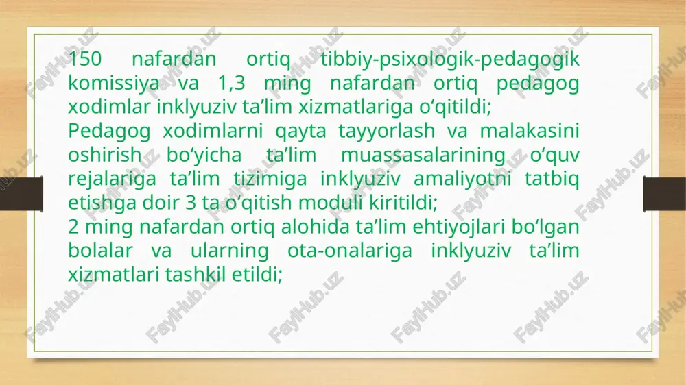 shtirish chora-tadbirlari to‘g‘risida” (pq-4860-son, 2020 yil 13 oktyabr) qarori tasdiqlandi! 2020 — 2025-yillarda xalq ta’limi tizimida inklyuziv ta’limni rivojlantirish konsepsiyani amalga oshirishdan kutilayotgan natijalar konsepsiya doirasida belgilangan vazifalarni bajarish orqali 2020 — 2025-yillarda xalq ta’limi tizimida inklyuziv ta’limni rivojlantirishda quyidagi ko‘rsatkichlarga erishish nazarda tutiladi: - alohida ta’lim ehtiyojlari bo‘lgan shaxslarning rivojlanishi, reabilitatsiyasi, jamiyatga integratsiyalashuvida inklyuziv ta’limning strategik omil sifatidagi roli tasdiqlanadi; alohida ta’lim ehtiyojlari bo‘lgan bolalarning ta’limiy muhiti yaxlitligi mustahkamlanadi, ularning jamiyatga integratsiyasi uchun zarur sharoitlar ta’minlanadi; - davlat, jamiyat, shaxsning inklyuziv ta’lim sohasidagi manfaatlarini muvofiqlashtirish mexanizmlari yaratiladi; - inklyuziv ta’lim tizimining umumiy qulayligi, uzluksizligi, ta’lim sifati, shuningdek o‘quvchilarning rivojlanish darajasi, xususiyatlariga moslashuvchanligi va variativligiga erishiladi; - inklyuziv ta’lim sohasidagi xalqaro munosabatlar doirasida o‘zaro hamkorlik aloqalari mustahkamlanadi; - o‘quvchilar ta’limiy ehtiyojlarning o‘ziga xosligini inobatga olgan holda sifatli ta’lim olishi uchun ular davlat tomonidan qo‘llab-quvvatlanadi; - inklyuziv ta’limni bosqichma-bosqich joriy etish orqali alohida ta’lim ehtiyojlari bo‘lgan bolalar uchun ixtisoslashtirilgan ta’lim muassasalari …