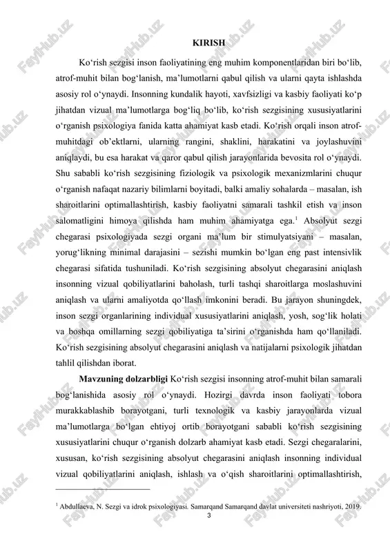 chiqishda ham qo‘llaniladi. kurs ishining ahamiyati ko‘rish sezgisining absolyut chegarasini aniqlash mavzusi ilmiy va amaliy jihatdan katta ahamiyatga ega. ilmiy nuqtai nazardan, bu mavzu inson sezgi organlarining fiziologik va psixologik xususiyatlarini o‘rganish, vizual ma’lumotlarni qabul qilish jarayonlarini tushunish va sezgi chegaralarini aniqlash imkonini beradi. tadqiqot natijalari psixologiyada sezgi jarayonlarini chuqur tahlil qilish, individual xususiyatlarni aniqlash va yangi eksperimental metodlarni ishlab chiqishda qo‘llaniladi. ko‘rish sezgisining absolyut chegarasini o‘rganish inson faoliyati, ta’lim, kasbiy faoliyat va xavfsizlik sohalarida muhim o‘rin tutadi. masalan, murakkab vizual ish bilan shug‘ullanuvchi mutaxassislar – haydovchilar, laboratoriya xodimlari, dizaynerlar – uchun ko‘rish qobiliyatini baholash va uning chegaralarini aniqlash kasbiy faoliyatni samarali tashkil etish va xatoliklarni kamaytirishda yordam beradi. o‘quvchilar va yoshlar bilan ishlashda vizual qobiliyatlarni baholash, ularni rivojlantirish va individual moslashuv imkoniyatlarini aniqlash uchun ham qo‘llaniladi. psixofizika va eksperimental psixologiya fanlarida ilmiy tadqiqotlar olib borish, sezgi organlarining ishlash mexanizmlarini aniqlash va ularni nazariy va amaliy jihatdan izohlash imkonini beradi. …