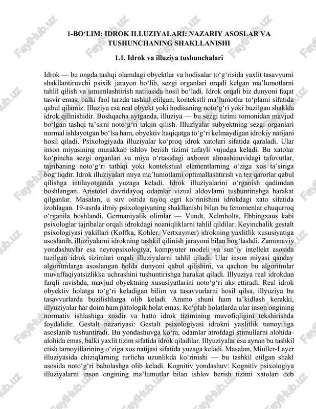 ar orqali idrokdagi noaniqliklarni tahlil qildilar. keyinchalik gestalt psixologiyasi vakillari (koffka, kohler, vertxaymer) idrokning yaxlitlik xususiyatiga asoslanib, illuziyalarni idrokning tashkil qilinish jarayoni bilan bog‘lashdi. zamonaviy yondashuvlar esa neyropsixologiya, kompyuter modeli va sun’iy intellekt asosida tuzilgan idrok tizimlari orqali illuziyalarni tahlil qiladi. ular inson miyasi qanday algoritmlarga asoslangan holda dunyoni qabul qilishini, va qachon bu algoritmlar muvaffaqiyatsizlikka uchrashini tushuntirishga harakat qiladi. illyuziya real idrokdan farqli ravishda, mavjud obyektning xususiyatlarini noto‘g‘ri aks ettiradi. real idrok obyektiv holatga to‘g‘ri keladigan bilim va tasavvurlarni hosil qilsa, illyuziya bu tasavvurlarda buzilishlarga olib keladi. ammo shuni ham ta’kidlash kerakki, illyuziyalar har doim ham patologik holat emas. ko‘plab holatlarda ular inson ongining normativ ishlashiga xosdir va hatto idrok tizimining muvofiqligini tekshirishda foydalidir. gestalt nazariyasi: gestalt psixologiyasi idrokni yaxlitlik tamoyiliga asoslanib tushuntiradi. bu yondashuvga ko‘ra, odamlar atrofdagi stimullarni alohida-alohida emas, balki yaxlit tizim sifatida idrok qiladilar. illyuziyalar esa aynan bu tashkil etish tamoyillarining o‘ziga xos natijasi sifatida yuzaga …