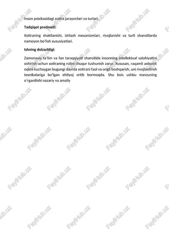 ni "ilgarigi taassurotlarning izlari" sifatida tushuntirgan va ularni assotsiatsiyalar orqali bog‘lagan.yevropa uyg‘onish davrida xotira aqliy faoliyatning muhim elementi sifatida o‘rganilgan. descartes tafakkur va xotira o‘rtasidagi o‘zaro aloqani muhokama qilgan. john locke esa xotirani identitetning asosi deb qaragan.xix asr oxiri va xx asr boshlarida eksperimental psixologiya rivojlanishi bilan xotira chuqur ilmiy tadqiqotlarga tortildi. hermann ebbinghaus (1885) xotirani eksperimental asosda o‘rgangan ilk olim bo‘lib, “unutish egri chizig‘i”ni yaratdi. u ma’nosiz bo‘g‘inlar yordamida xotira tezligi va davomiyligini aniqlagan.xotiraning to‘rtta asosiy funktsiyasi mavjud: 1. axborotni qabul qilish (kodlash) – ma’lumotlarning sezgi a’zolari orqali qabul qilinib, aqliy shakllarga aylanishi. 2. saqlash – axborotning qisqa yoki uzoq muddatga miyada “joylashtirilishi”. 3. eslab qolish (mustahkamlash) – axborotning saqlanib qolishi va barqarorlashuvi. 4. eslab tushirish va tanish – kerakli axborotni ongli yoki ongsiz ravishda yana tiklash jarayoni. ushbu funksiyalar o‘zaro bog‘liq va xotira samaradorligini belgilovchi asosiy omillardir. xotira nafaqat axborotni saqlash, balki uni qayta ishlash, baholash va yangilash …