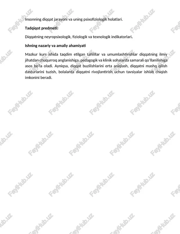 voz kechadi. diqqat bir nechta muhim funksiyalarni bajaradi: seleksiya (tanlab olish): atrofimizdagi axborot juda ko‘p. diqqat bizga faqat muhim bo‘lganini ajratib olishga imkon beradi.resurslar taqsimoti: diqqat insonning psixik resurslarini muayyan faoliyatga yo‘naltirishni ta’minlaydi. faoliyatni tartibga solish: diqqat yordamida inson o‘z faoliyatini samarali tashkil etadi va uni muayyan maqsad sari boshqaradi. motivatsion jarayonlar bilan integratsiya: diqqat, odatda, motivatsiyalangan faoliyat bilan bog‘liq. ya’ni, biz nimanidir istasak yoki zarurligini his qilsak, unga diqqatimizni qaratamiz psixologiyada diqqatning quyidagi turlari ajratiladi: ixtiyorsiz diqqat: bu tashqi omillarning o‘ziga xosligi (yorqinlik, kutilmaganlik, harakat) orqali yuzaga keladigan diqqat shaklidir. u ixtiyoriy kuch sarflamasdan yuz beradi. ixtiyoriy diqqat: muayyan maqsadga yo‘naltirilgan, ongli boshqariladigan va kuch talab qiladigan diqqat turi. ixtiyorsizdan keyingi diqqat: avval ixtiyoriy tarzda boshlanib, keyinchalik qiziqish bilan bog‘liq holda davom etadigan diqqat shaklidir.diqqatni tushuntirishga oid qarashlar asosan quyidagi asosiy psixologik yo‘nalishlarda shakllangan:strukturalizm: diqqat asosiy psixik komponentlardan biri sifatida o‘rganilgan. vundt va uning izdoshlari diqqatni ichki kuzatish (introspeksiya) …