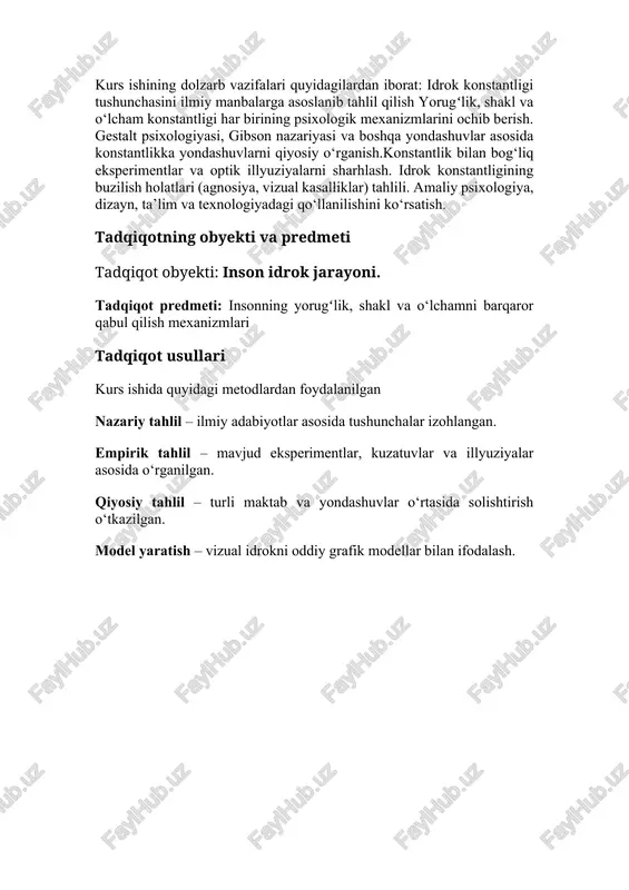 tahlil – turli maktab va yondashuvlar o‘rtasida solishtirish o‘tkazilgan. model yaratish – vizual idrokni oddiy grafik modellar bilan ifodalash. 1-bob. idrok konstantligi tushunchasi va uning psixologik asoslari 1.1. idrok va sezgi o‘rtasidagi tafovut inson sezgi organlari orqali olamni idrok qiladi. ammo sezgi va idrok bir xil emas. sezgi — bu tashqi muhitdan keladigan ma’lumotlarning nerv impulslariga aylanishi jarayoni bo‘lsa, idrok — bu sezgi orqali olingan ma’lumotlarni ongli tahlil qilib, ularni obyektli, yaxlit shaklda tushunishdir. masalan, ko‘zga rangli nuqtalar (yorug‘lik to‘lqinlari) tushadi — bu sezgi. ammo biz bu nuqtalarni daraxt, mashina yoki odam deb tanishimiz — bu idrok. sezgi fragmentar bo‘lsa, idrok — tuzilmaviy, barqaror va integratsiyalashgan bo‘ladi. shuning uchun idrokda konstantlik (barqarorlik) katta ahamiyatga ega bo‘ladi. inson aynan bu barqarorlik tufayli o‘zgaruvchan muhitda o‘zgarmaydigan obrazlarni tanib olish imkoniga ega. idrok konstantligi (perseptiv konstantlik) – bu ob’ektlarning fizik xususiyatlari, ko‘rish burchagi, yoritilishi, masofasi o‘zgarsa ham, ularni bir xil holatda idrok qilish …