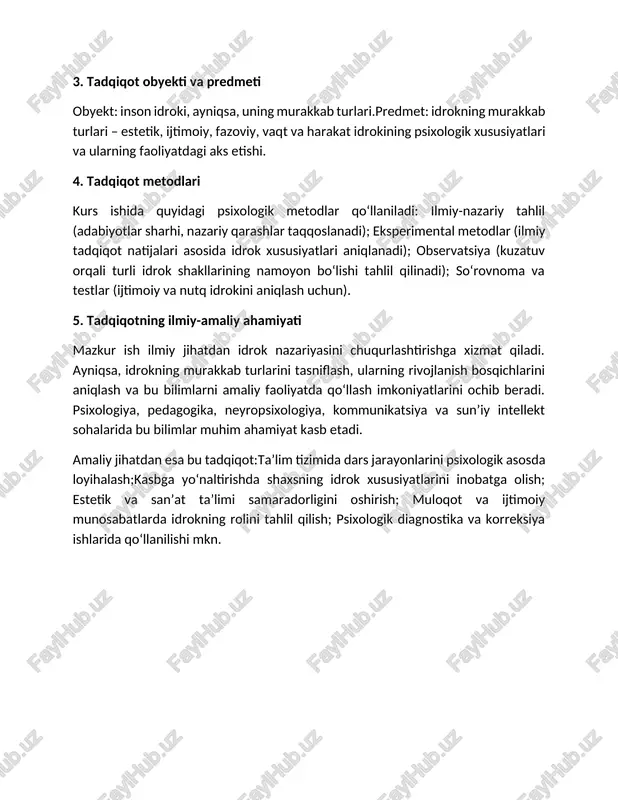 sixologik asosda loyihalash;kasbga yo‘naltirishda shaxsning idrok xususiyatlarini inobatga olish; estetik va san’at ta’limi samaradorligini oshirish; muloqot va ijtimoiy munosabatlarda idrokning rolini tahlil qilish; psixologik diagnostika va korreksiya ishlarida qo‘llanilishi mkn. 1-bob. idrokning murakkab turlari nazariy asoslari 1.1. idrokning umumiy psixologik mohiyati idrok – bu sezgi organlari orqali ongda aks etuvchi, tashqi dunyo haqidagi obrazlarni shakllantiruvchi psixik jarayondir. u shunchaki his-tuyg‘ular jamlanmasi emas, balki yaxlit, maqsadli, tanqidiy ong faoliyatining mahsulidir. psixologiyada idrok, sezgi bilan tafakkur o‘rtasida oraliq bo‘g‘in sifatida qaraladi. idrok orqali inson ob’ektning shakli, hajmi, rangi, holati, joylashuvi, harakati kabi xususiyatlarini bir vaqtning o‘zida idrok qiladi.oddiy idrok turlari – masalan, vizual (ko‘rish), eshitish, hid, ta’m va teginish sezgilari oddiy sezgi a’zolari vositasida amalga oshiriladi. murakkab idrok turlari esa kognitiv jarayonlarning ishtirokini talab qiladi. ular tushunish, muloqot qilish, baholash, taqqoslash, tahlil qilish kabi aqliy faoliyatlar bilan chambarchas bog‘liqdir. murakkab idrok turlarining quyidagi xususiyatlarini ajratish mumkin: integrativ xarakter – bir nechta sezgi …