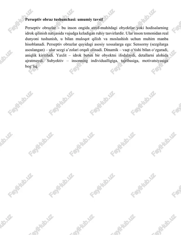 da tashqi muhitdan ma’lumot qabul qilib, ularni qayta ishlaydi. bu jarayonlar orasida eng muhimlaridan biri — idrok. idrok orqali tashqi muhitdagi predmetlar va hodisalar bizning ongimizda perseptiv obrazlar shaklida namoyon bo‘ladi. obraz — bu obyektning aqliy ko‘rinishi, tasviridir. psixologik nuqtai nazardan u quyidagi xususiyatlarga ega:yaxlitlik — idrok qilinayotgan obyektni butun holatda qabul qilish;rekonstruktivlik — avvalgi tajriba asosida obrazni tiklash;subyektivlik — individual farqlar asosida har xil obrazlar hosil bo‘lishi;aktivlik — idrok qiluvchi subyektning faol ishtirokida yuzaga kelish. bu tushunchalarni chuqur tushunish uchun perceptiv obrazlarning qanday shakllanishi, ularni qanday omillar ta’sirida paydo bo‘lishi, psixik va fiziologik mexanizmlari qanday ekanligini tahlil qilish zarur. sezgi va idrok perceptiv obrazlarning shakllanishida boshlang‘ich bosqichni tashkil qiladi. sezgilar — bu tashqi stimullar (yorug‘lik, tovush, bosim, harorat va h.k.)ni qabul qiluvchi fiziologik jarayonlar bo‘lsa, idrok esa bu stimullarning birlashuvi, umumlashtirilgan tahlilidir. masalan: bir daraxtni ko‘rish jarayonida ko‘z to‘lqin uzunligini qabul qiladi (sezgi), lekin daraxtning shakli, rangi, holati va …