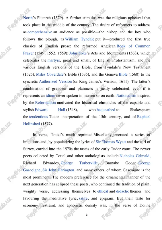 e latter’s combination of grandeur and plainness is justly celebrated, even if it represents an idiom never spoken in heaven or on earth. nationalism inspired by the reformation motivated the historical chronicles of the capable and stylish edward hall (1548), who bequeathed to shakespeare the tendentious tudor interpretation of the 15th century, and of raphael holinshed (1577). in verse, tottel’s much reprinted miscellany generated a series of imitations and, by popularizing the lyrics of sir thomas wyatt and the earl of surrey, carried into the 1570s the tastes of the early tudor court. the newer poets collected by tottel and other anthologists include nicholas grimald, richard edwardes, george turberville, barnabe googe, george gascoigne, sir john harington, and many others, of whom gascoigne is the most prominent. the modern preference for the ornamental manner of the next generation has eclipsed these poets, who continued the tradition of plain, weighty verse, addressing …