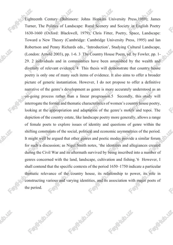 e generally, allows a range of female poets to explore issues of identity and questions of genre within the shifting constraints of the social, political and economic asymmetries of the period. it might well be argued that other genres and poetic modes provide a similar forum for such a discussion; as nigel smith notes, ‘the identities and allegiances created during the civil war and its aftermath survived by being inscribed into a number of genres concerned with the land, landscape, cultivation and fishing.’6 however, i shall contend that the specific contexts of the period 1650–1750 indicate a particular thematic relevance of the country house, its relationship to power, its role in constructing various and varying identities, and its association with major poets of the period. chapter 1. the origins and development of the country-house poem tradition 1.1. historical and literary background thirdly, i will situate the corpus of women’s poetry …