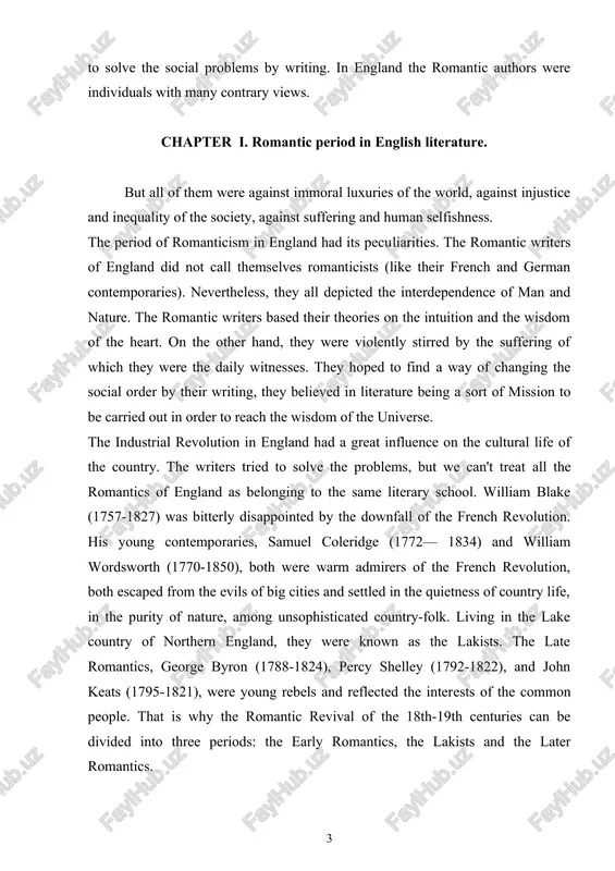 in liter​ature being a sort of mission to be carried out in order to reach the wisdom of the universe. the industrial revolution in england had a great influence on the cultural life of the country. the writers tried to solve the problems, but we can't treat all the romantics of england as belonging to the same literary school. william blake (1757-1827) was bitterly dis​appointed by the downfall of the french revolution. his young contemporaries, samuel coleridge (1772— 1834) and william wordsworth (1770-1850), both were warm admirers of the french revolution, both escaped from the evils of big cities and settled in the quietness of country life, in the purity of nature, among unsophisticated country-folk. living in the lake coun​try of northern england, they were known as the lakists. the late romantics, george byron (1788-1824), percy shelley (1792-1822), and john keats (1795-1821), were young rebels and reflected the inter​ests of …