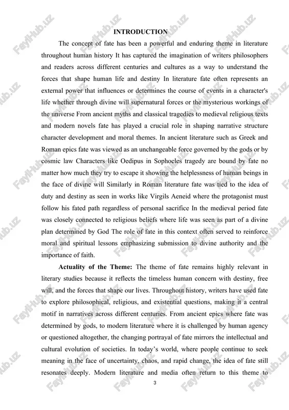 representation of fate in literary narratives from different centuries and to explore how its meaning and function have evolved over time in response to cultural, philosophical, and religious changes. tasks of the research: 1. to define the concept of fate and its literary significance across historical periods 2. to examine how fate is depicted in selected literary works from classical, medieval, and modern times 3. to identify the similarities and differences in the portrayal of fate across different centuries 4. to explore the relationship between fate and other literary themes such as free will, destiny, and divine intervention 5. to assess how changing worldviews have influenced the role of fate in literature theoretical value: the theoretical value of this research lies in its contribution to the understanding of how the concept of fate functions as a literary and philosophical theme across different historical periods. by analyzing a range of texts …