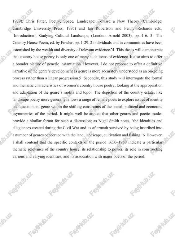 ts to explore issues of identity and questions of genre within the shifting constraints of the social, political and economic asymmetries of the period. it might well be argued that other genres and poetic modes provide a similar forum for such a discussion; as nigel smith notes, ‘the identities and allegiances created during the civil war and its aftermath survived by being inscribed into a number of genres concerned with the land, landscape, cultivation and fishing.’6 however, i shall contend that the specific contexts of the period 1650–1750 indicate a particular thematic relevance of the country house, its relationship to power, its role in constructing various and varying identities, and its association with major poets of the period. chapter 1. the origins and development of the country-house poem tradition 1.1. historical and literary background thirdly, i will situate the corpus of women’s poetry identified above both within and against the …