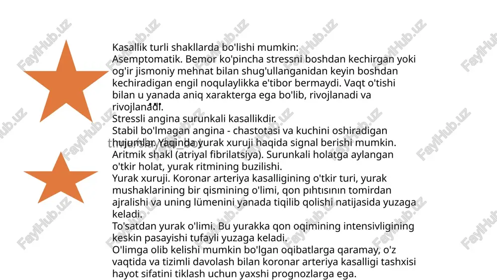 si kasalliklaridan boʻladigan nogironlik va oʻlimning asosiy sabablaridir. yurakning ishemik kasalligik. ga gumon qilinganda darhol bemorni kasalxonaga yotqizish zarur. kasallikning klinik belgilari (kasallik tarixi, bemor shikoyatlari, perkussiya, auskultatsiya, umumiy koʻruv), elektrokardiografiya, yurak muskullariga xos fermentlar va struktura elementlari (kreatinin fosfokinaza izofermentlari, mioglobin va boshqalar) hamda qon tahlili, exokardiografiya va boshqalar tekshiruv natijalariga qarab diagnoz qoʻyiladi. yurakning anevrizmasi (aneurysma cordis) - yurak devorining yupqalashgan qismining cheklangan chiqishi. ko'pincha miyokard infarkti natijasida rivojlanadi. yurakning konjenital, yuqumli, travmatik, operatsiyadan keyingi anevrizmalari juda kam uchraydi. travmatik anevrizmalar yurakning oldingi yopiq yoki ochiq jarohatlari tufayli yuzaga keladi. ushbu guruh, shuningdek, tug'ma yurak nuqsonlari uchun operatsiyadan keyin paydo bo'ladigan anevrizmalarni ham o'z ichiga oladi. aksariyat hollarda yurak anevrizmasi miyokard infarktidan keyingi asoratdir (ko'pincha transmural). yurak xuruji bilan og'rigan bemorlarning 25% gacha bu kasallikka moyil bo'lishi mumkin. anevrizmalar paydo bo'lish vaqtiga ko'ra o'tkir (miokard infarkti boshlanganidan 1-2 hafta), subakut (3-6 hafta) va surunkali bo'linadi. ko'pincha postinfarkt anevrizmalari …