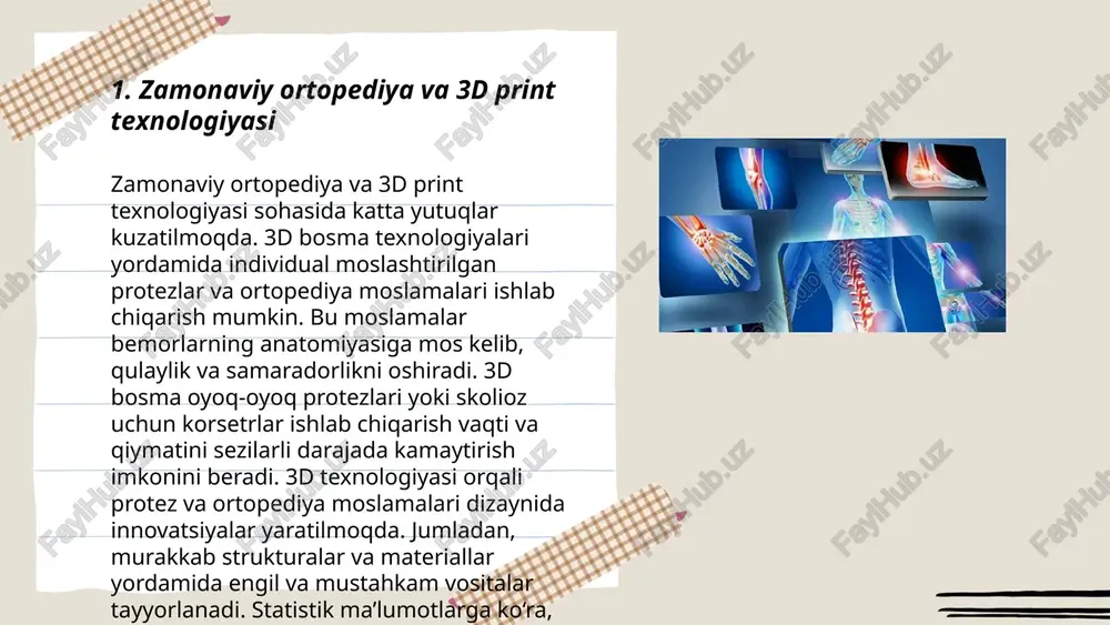 ushbu usul 2 sm dan 10 sm gacha kichik kesmalar orqali amalga oshiriladi. bunday jarrohlik amaliyotlari reabilitatsiya davrini qisqartiradi, og'riqni kamaytiradi va infeksiya xavfini pasaytiradi. masalan, tizza bo'g'imi artroskopiyasi kamida 3-4 sm kesma orqali amalga oshiriladi. minimal-invaziv yondashuv bilan bemorlar odatda 1-2 kun ichida uyga qaytishlari mumkin va to'liq tiklanish 6-8 hafta davomida sodir bo'ladi. boshqa usullar bilan solishtirganda, minimal-invaziv usullarning muvaffaqiyat darajasi 85-95% gacha yetishi mumkin. ushbu turdagi jarrohlik amaliyotlari protez bo'g'imlari almashtirilishi, umurtqa pog'onasidagi disk herniyalari va oyoq-qo'l sinishlarida muvaffaqiyatli qo'llaniladi. ryadi 1 kategoriya 1 kategoriya 2 kategoriya 3 2 4 4 ryadi 2 kategoriya 1 kategoriya 2 kategoriya 3 0 9 4 ryadi 3 kategoriya 1 kategoriya 2 kategoriya 3 3 6 2 ortopediya (grekcha: ὀρθός [orto]… va παιδεία [paideia] – parvarish qilish) – tibbiyotning bir sohasi. tugʻma nuqsonlar, shikastlar va turli kasalliklar oqibatida tayanch harakat aʼzolari shakli va funksiyasining buzilishini aniqlash, davolash va oldini olish yoʻllarini …