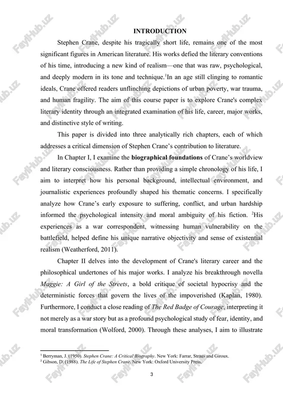 80). naturalism in american fiction: the classic phase. new york: octagon book] throughout this paper, my goal is not simply to recount crane’s achievements, but to engage critically with his work and ideas—to understand how his life informed his literature, how his literature reshaped his era, and how his legacy endures in today’s literary discourse. by approaching crane as both a product and a critic of his time, i hope to contribute to a more nuanced appreciation of his enduring place in the canon of american letters. chapter i: the concept of heroism in works of e.hemingway 1.1. the unique interpretation of heroism in hemingway’s novels ernest hemingway’s literary oeuvre is deeply marked by his unique and nuanced understanding of heroism. unlike traditional notions of heroism that emphasize glorious deeds, patriotic sacrifice, or physical dominance, hemingway constructs a subtler, more introspective model of what it means to be a hero. …
