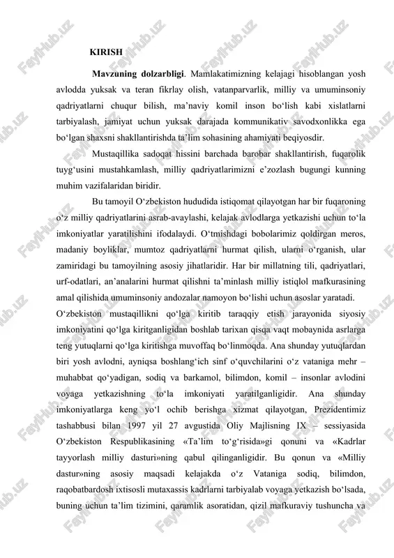 anishadi. turmush faoliyati boshlanishi bilan ishlab chiqarish tajriba va malakalarni o‘zlashtiradi, shu jarayonda unda aqliy va jismoniy kamolot, madaniyat, axloq va estetik qarashlar shakllanadi. o‘zbek xalqining yosh avlodni hayotga tayyorlashda ko‘p asrlar davomida qo‘llagan usul va vositalari, tadbir shakllari, o‘ziga xos urf-odati va an’analari, tarbiya haqidagi g‘oyalari va hayotiy tajribasi xalq pedagogikasida mujassamlashgan. chunki hali maktab bo‘lmagan, pedagogika fan sifatida rivojlanmagan davrdayoq qabila a’zolarining bolalarda mehnatsevarlik, jangovarlik, axloq-odob, nafosat, do‘stlik, mehr-shavqat, insonparvarlik xislatlarini shakllantirish va o‘stirish sohasidagi aql-idroki va usullari o‘sha davrdagi hayotiy tajribaning mevasi sifatida bizning davrga qadar yetib keldi va xalq pedagogikasi shaklida tarkib topdi. shuning uchun ham biz bitiruv malakaviy ishimiz mavzusini « xalq og‘zaki ijodi materiallari boshlang‘ich sinf o‘quvchilarida ma‘naviy - axloqiy sifatlarni tarbiyalash manbai » deb oldik. tadqiqotimizning maqsadi: xalq og‘zaki ijodi materiallari boshlang‘ich sinf o‘quvchilarida ma‘naviy - axloqiy sifatlarni tarbiyalashning imkoniyatlarini aniqlash va tavsiyalar tayyorlashdan iborat. tadqiqotimizning predmeti: xalq og‘zaki ijodi materiallari boshlang‘ich sinf …