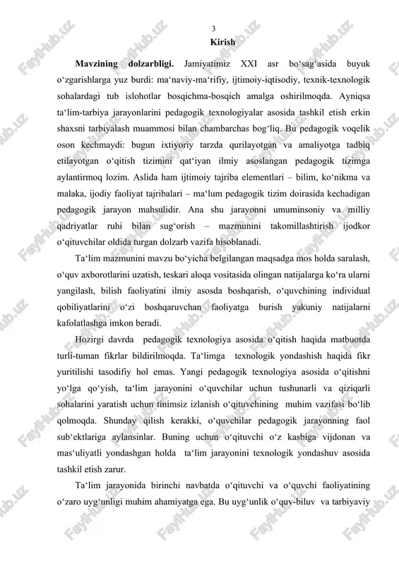 dalanish”, deb nomladik. bitiruv malakaviy ishimizning maqsadi: boshlang‘ich ta‘lim jarayonida interaktiv metodlardan foydalanish yo‘l va vositalarini ishlab chiqish. tadqiqotmiz obyekti: boshlang‘ich ta‘limda interaktiv metodlardan foydalanish jarayoni. tadqiqotimiz predmeti: interaktiv metodlar mazmuni, shakllari va ulardan boshlang‘ich ta‘limda foydalanish yo‘llari va usullari. tadqiqot vazifalari: 1) ta‘limni tashkil etishga doir ilmiy pedagogik adabiyotlar, tadqiqotlarni o‘rganish orqali boshlang‘ich ta‘lim jarayonida interaktiv metodlardan foydalanishning nazariy asoslarini aniqlash; 2) boshlang‘ich ta‘limda interaktiv metodlardan foydalanish va uning o‘ziga xosligini tahlil etish; 3) boshlang‘ich ta‘limda interaktiv metodlardan foydalanishning o‘ziga xos xususiyatlarini va uning ta‘lim samaradorligini oshirishdagi ahamiyati, o‘quvchilarning o‘qish motivlari va ularni rivojlantirish yo‘llarini tahlil etish; 4) boshlang‘ich ta‘limda interaktiv metodlardan foydalanish tizimini ishlab chiqish va uning samaradorligini aniqlash. tadqiqotning ilmiy farazi: boshlang‘ich ta‘limda interaktiv metodlardan o‘rinli foydalanilsa, shu orqali o‘qish motivlarini har tomonlama rivojlantirilsa; interaktiv metodlarga doir bilim, ko‘nikma va malakalar chuqur egallanilsa va ular ta‘lim amaliyotida muvaffaqiyatli qo‘llanilsa boshlang‘ich ta‘lim jarayonida yuqori samaradorlikka erishiladi. tadqiqot metodlari: …